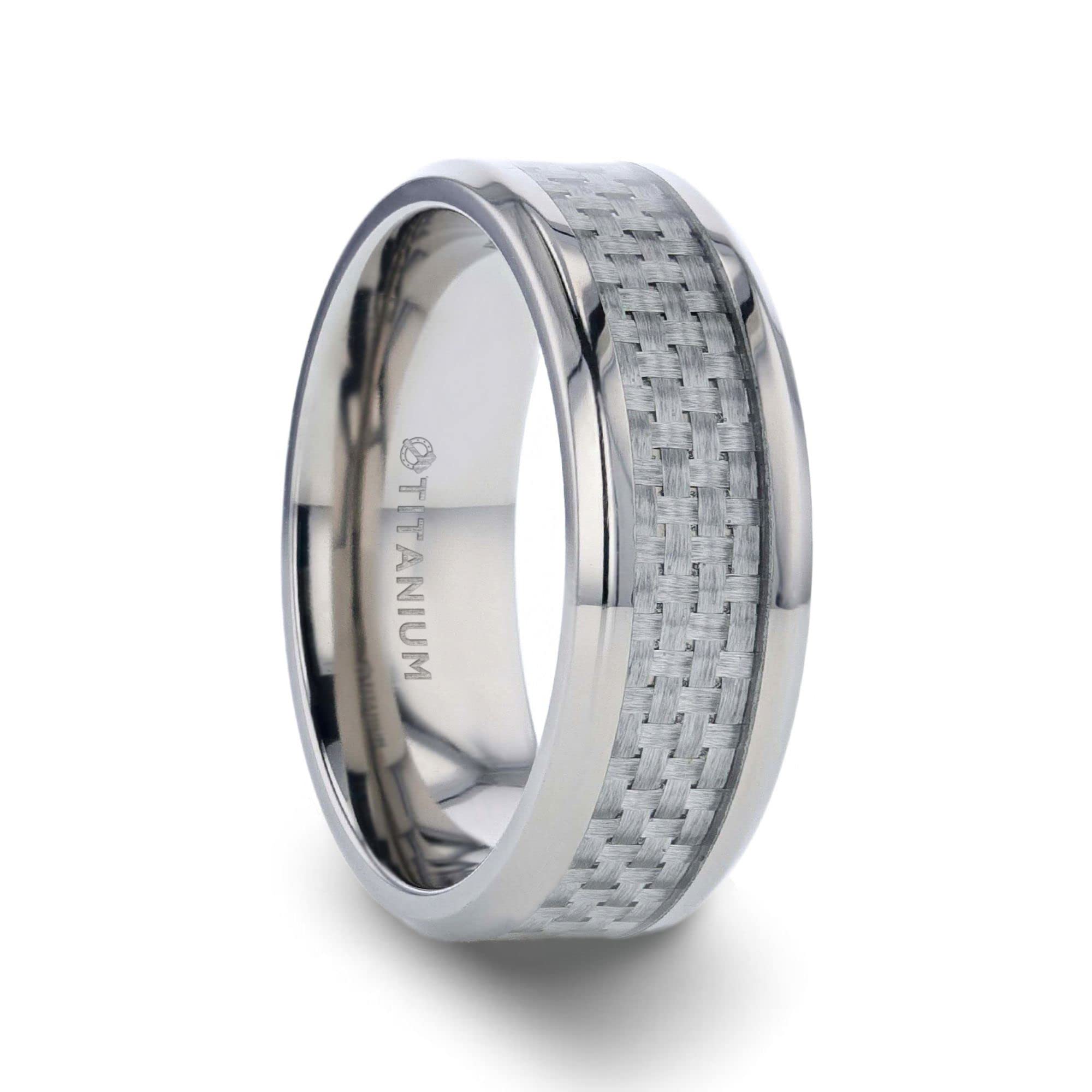 Titanium Rings for Men - Lightweight Comfort Fit Beveled Edge with White Carbon Fiber Inlay - 8mm Wedding Band, Anniversary Gift for Him - Perfect for Everyday Wear, Outdoor Activities & Special Occasions