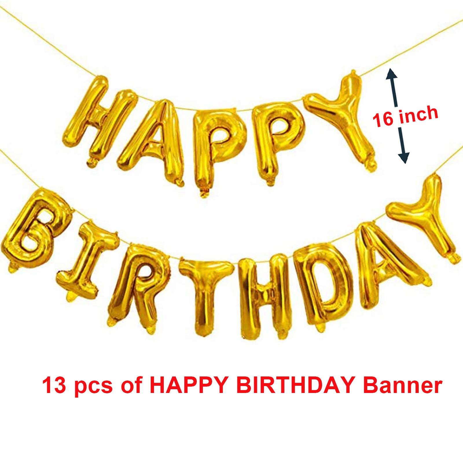 16 Inch Happy Birthday Balloons Decorations Set - 13pcs Letter Balloons Banner, 2 Giant Star Foil Balloons, 4 Confetti Balloons, 6 Latex Balloons (Gold) | Perfect for Birthday Parties, Baby Showers, Anniversaries & Special Events