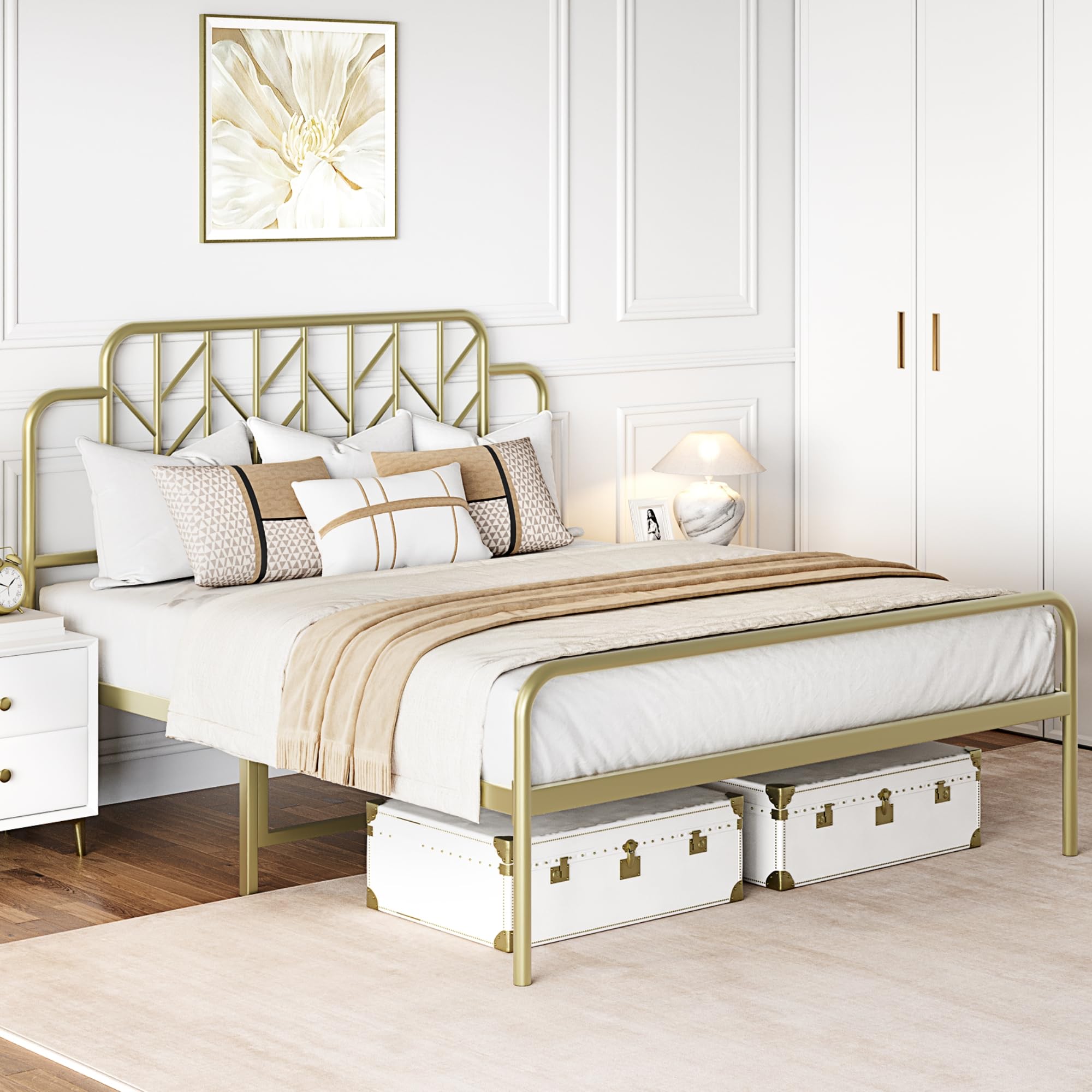 Vintage Gold Metal Platform Bed Frame Queen Size with Branch-Design Headboard - 12.6 Inch Height for Under Bed Storage, No Box Spring Needed, Sturdy Metal Foundation - Easy Assembly for Bedroom, Guest Room or Dorm