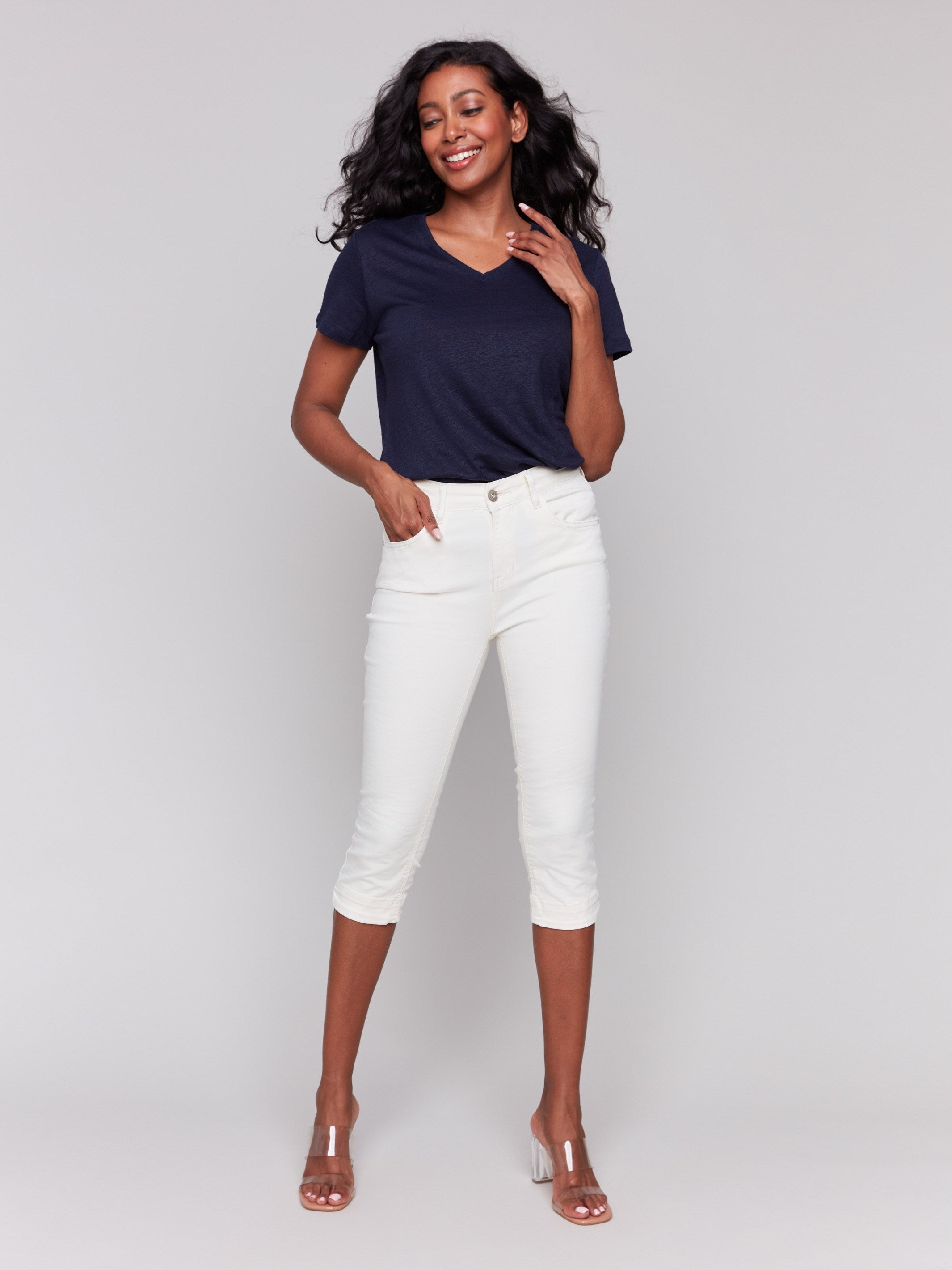 Women's Knee High Capri Twill Pants - Comfortable Natural Color Stretch Pants for Yoga, Workout & Casual Wear