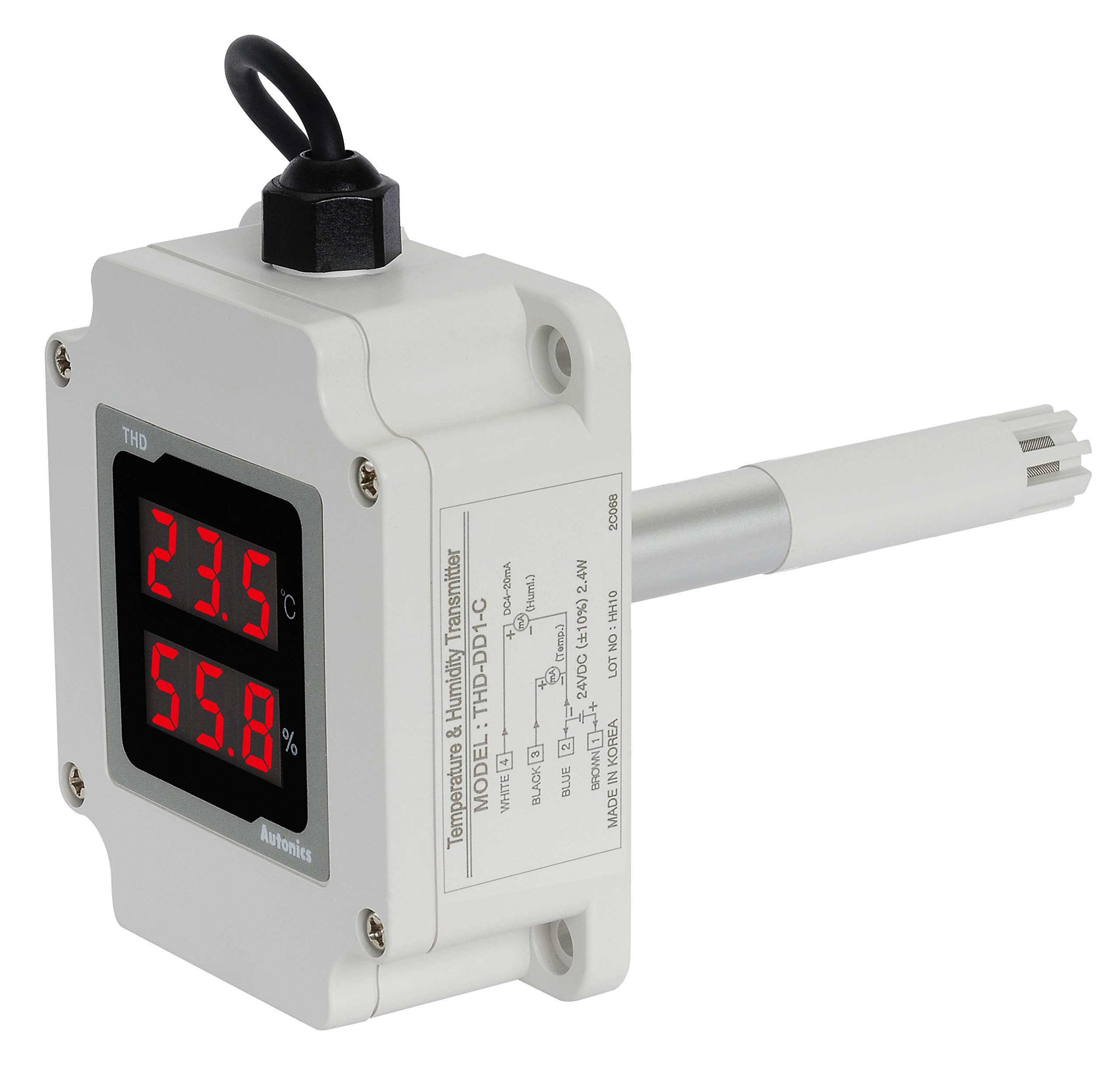 THD-DD1-C Duct Mount Temperature and Humidity Sensor with 100mm Sensing Pole, 3-Digit Display, 4-20mA Output, 24VDC Power - Ideal for HVAC Systems, Industrial Monitoring, and Environmental Control Applications