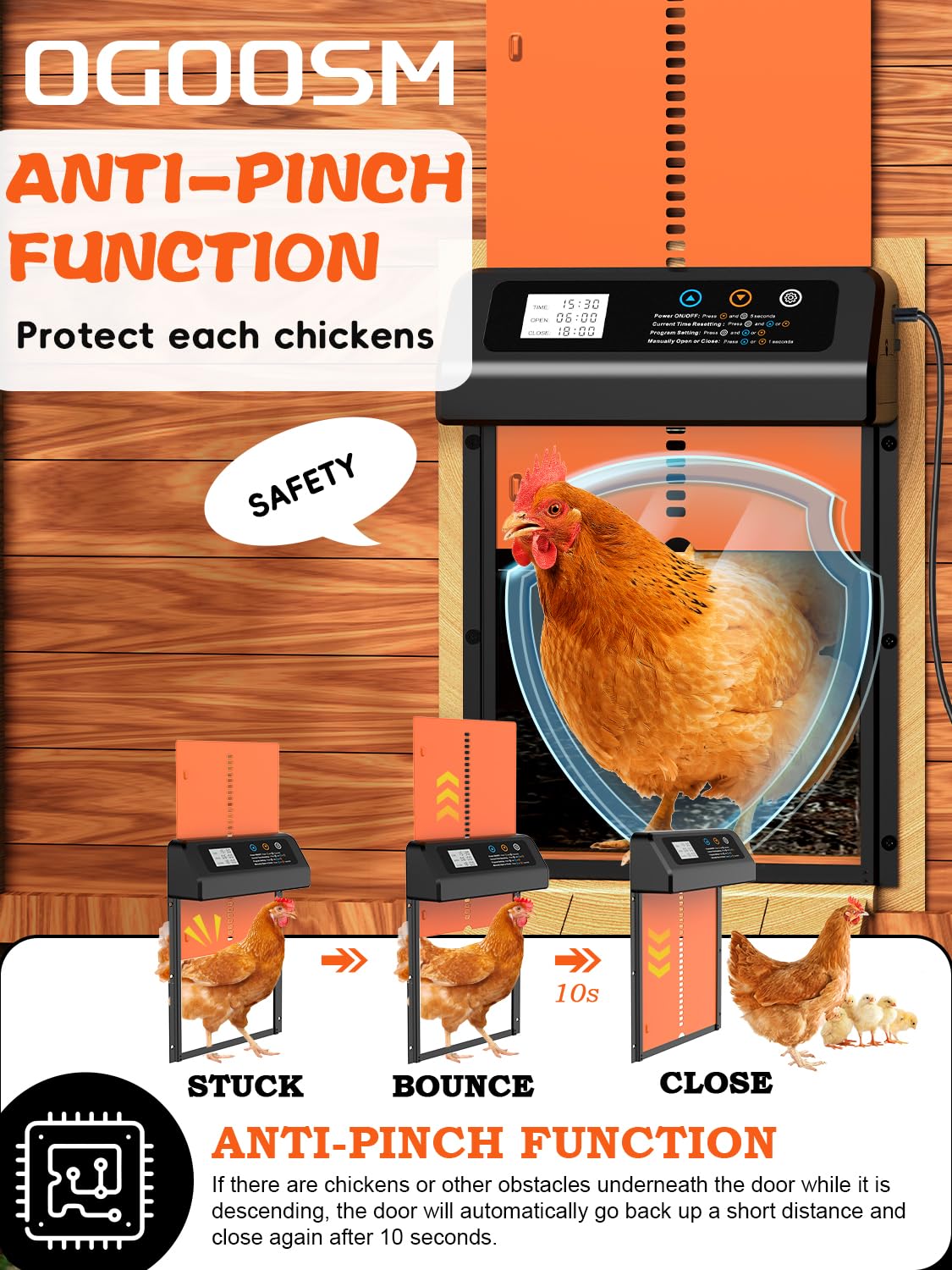 Solar Powered Automatic Chicken Coop Door with Timer - Anti-Pinch Safety Design, Durable Aluminum Construction, Solar Panel Charging (Black-Orange) | Perfect for Poultry Farming, Backyard Chicken Keeping & Secure Coop Access