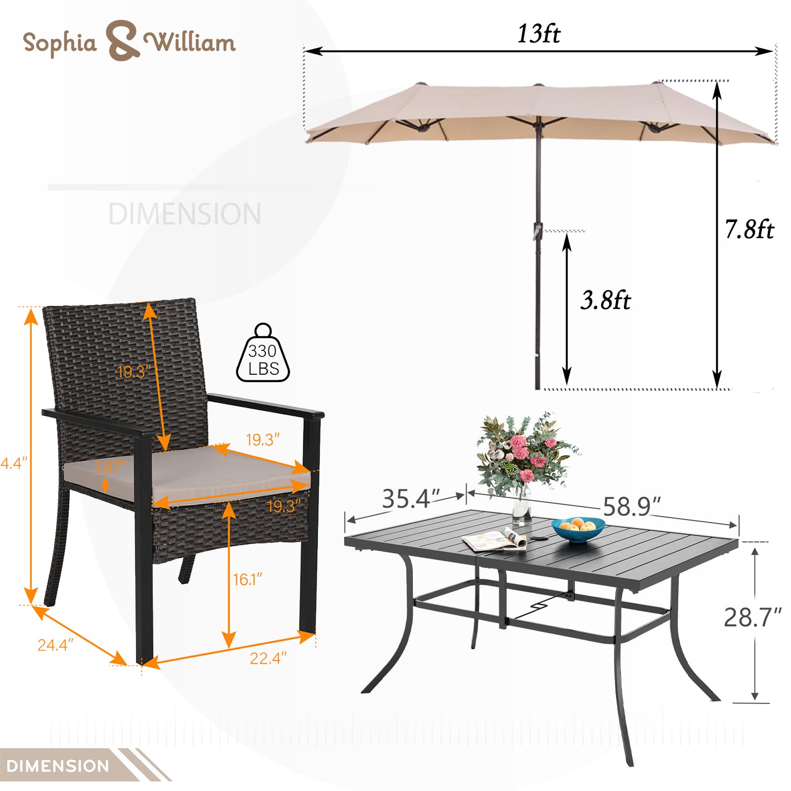 Sophia & William 7-Piece Outdoor Dining Set with 13ft Beige Patio Umbrella - Metal Table & Rattan Chairs for 6 People - Includes Cushions & 1.6