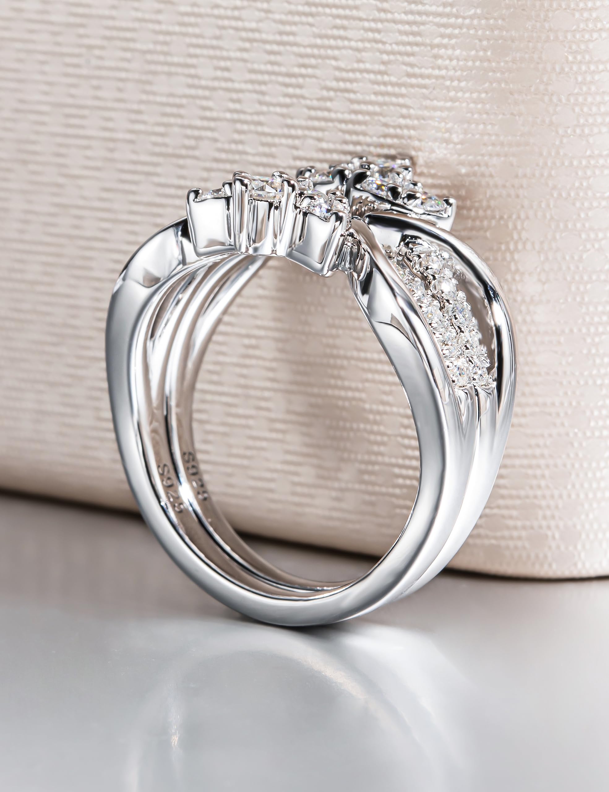 Moissanite Ring Enhancer Set - 2 Pack Platinum Plated Silver Wrap Guard for Engagement & Anniversary Rings, Curved Eternity Wedding Band for Women | Perfect for Stacking Rings, Bridal Jewelry & Special Occasions