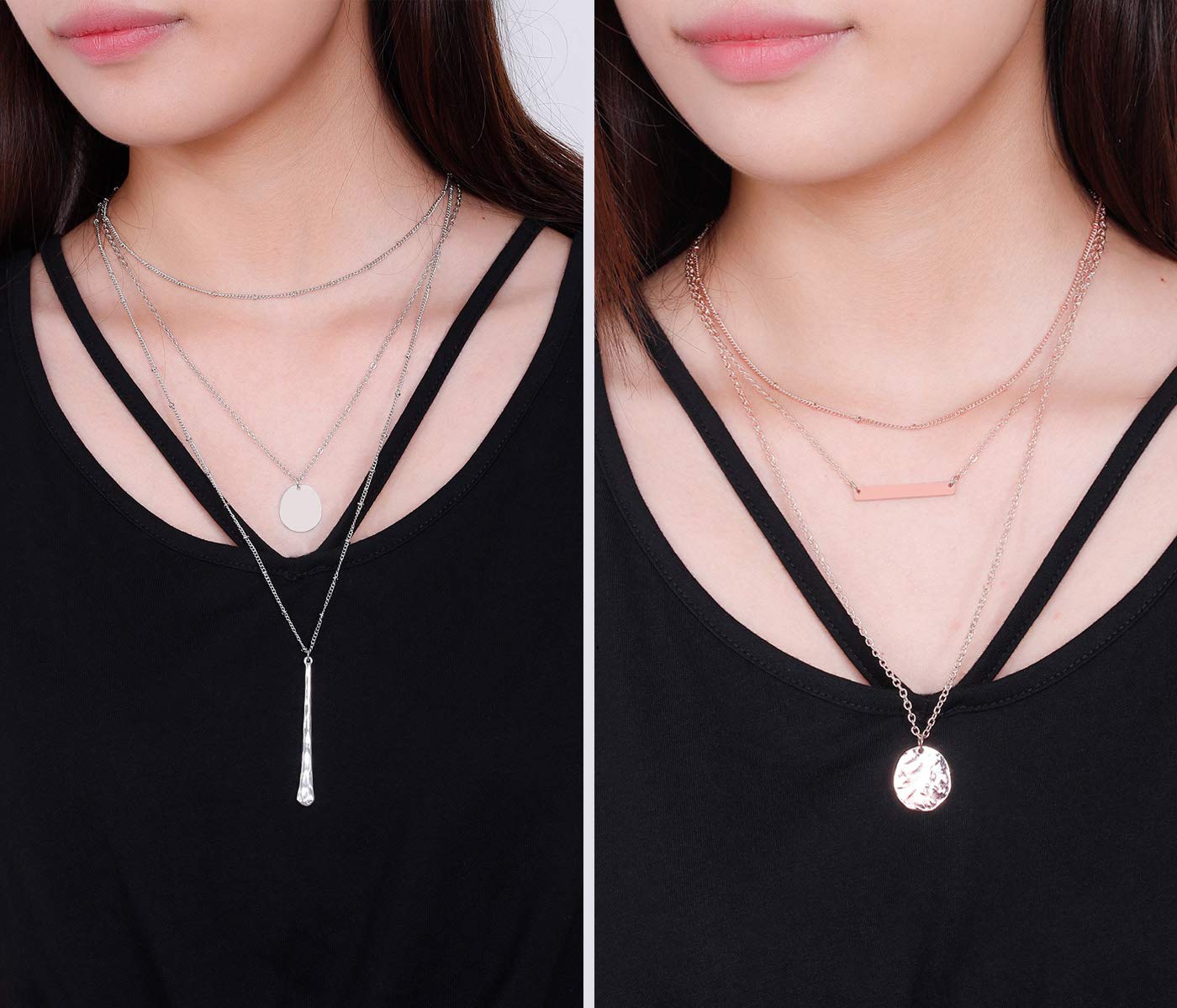 2 Pcs Bohemian Layered Necklace Set for Women - Multilayer Choker Necklaces with Simple Coin & Bar Pendant Station Chain - Perfect for Casual, Office & Party Wear