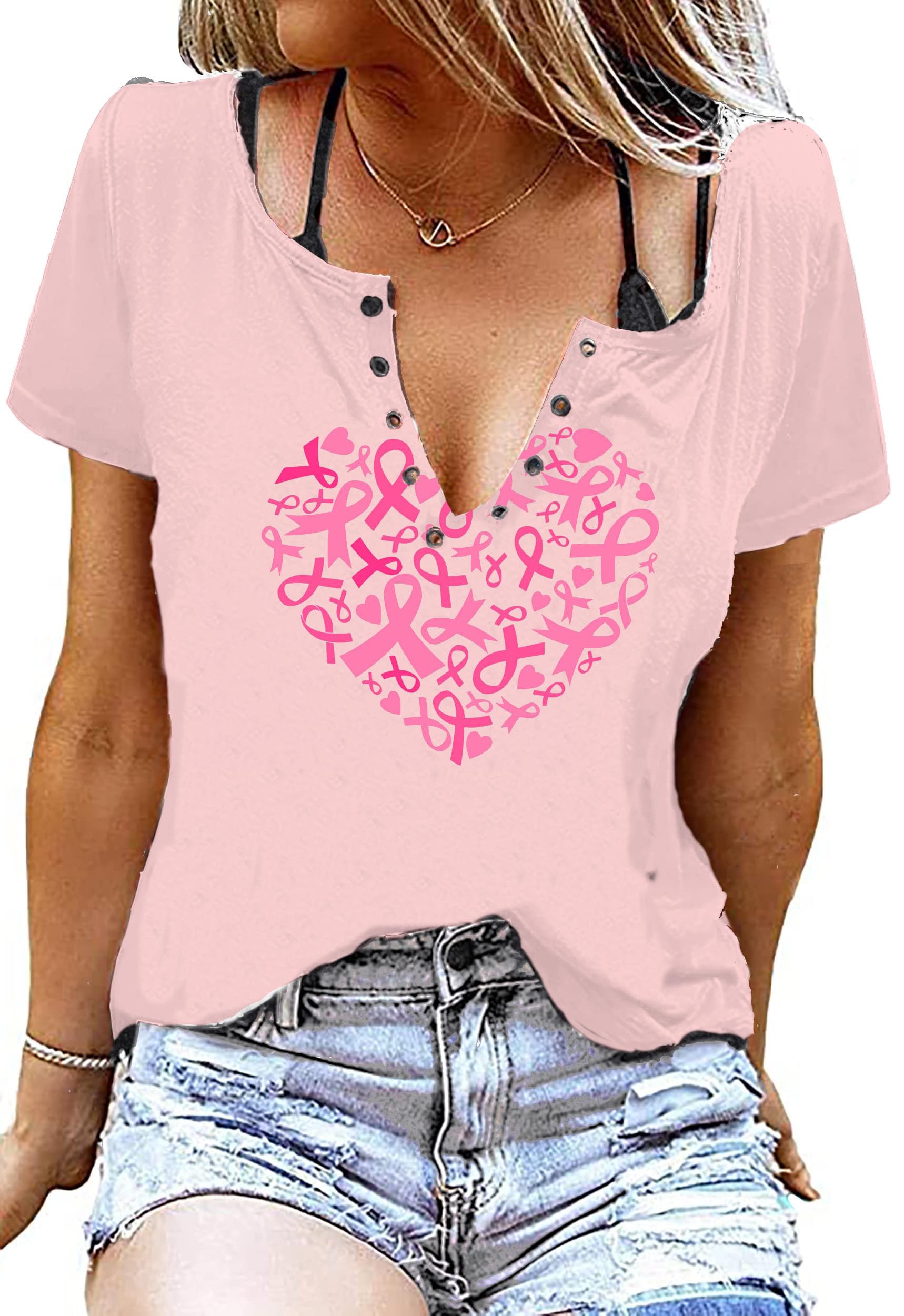 Women's Pink Ribbon V-Neck Graphic Tee - Funny Breast Cancer Awareness T-Shirt for Teen Girls & Women | Supportive Outfit for Survivors, Fundraisers & Awareness Events