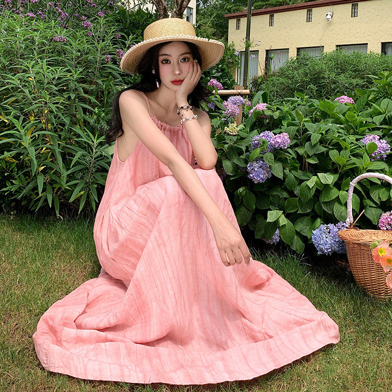 2025 Women's Pink Lazy Wind Suspender Dress - Sweet & Spicy Summer Loose Neck Skirt | Casual Outfit for Beach, Vacation & Daily Wear