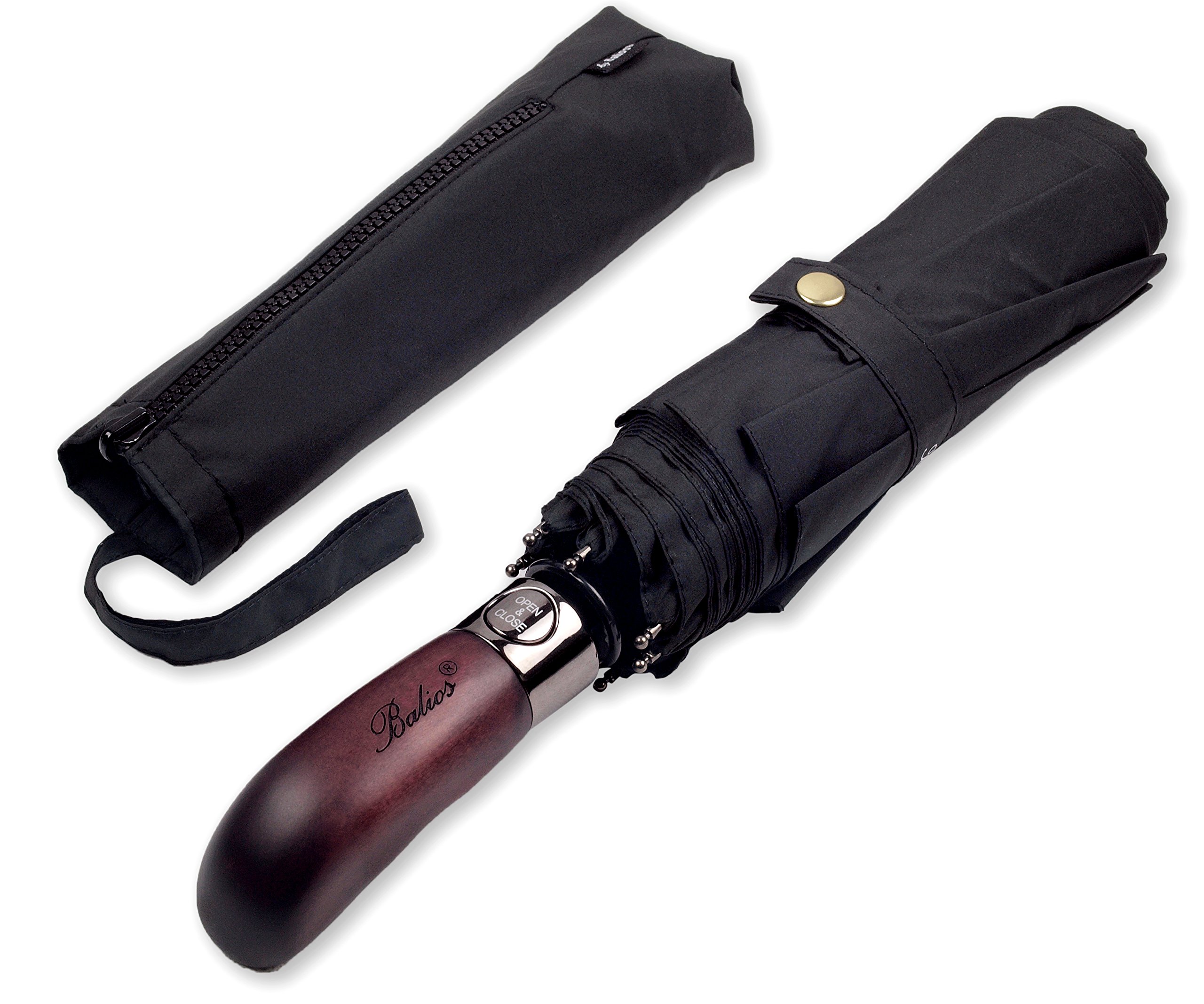 **Balios Premium Travel Folding Umbrella with Real Wood Handle - Auto Open/Close, Windproof Vented Canopy - Compact & Durable for Rain & Sun Protection - Perfect for Commuting, Travel & Outdoor Activities**