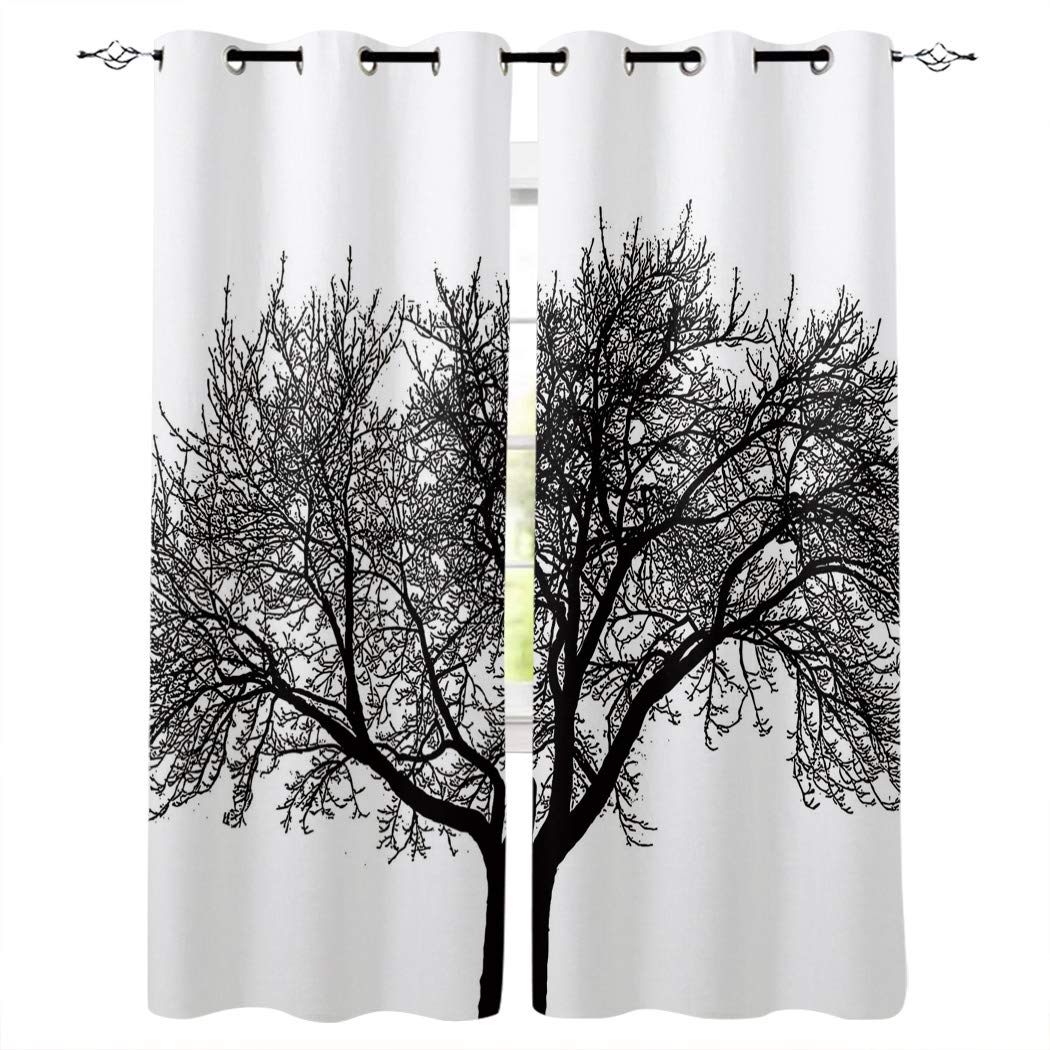 Aiesther Blackout Curtains - Mocha Tree Design Black & White Thermal Insulated Window Drapes for Living Room & Bedroom (2 Panels, 27.5x39 Inches) - Perfect for Light Blocking, Energy Saving & Home Decor