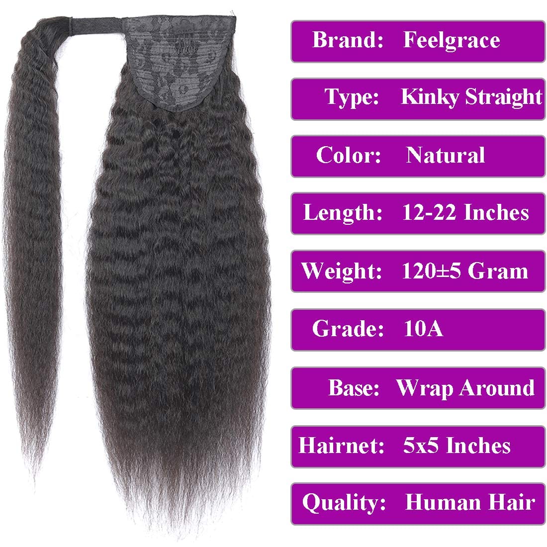 Kinky Straight Human Hair Ponytail Extension 20 Inch 130g - Natural Black 1B Color Clip-in Wrap Around Ponytail with Comb for Black Women | Perfect for Parties, Weddings & Everyday Styling