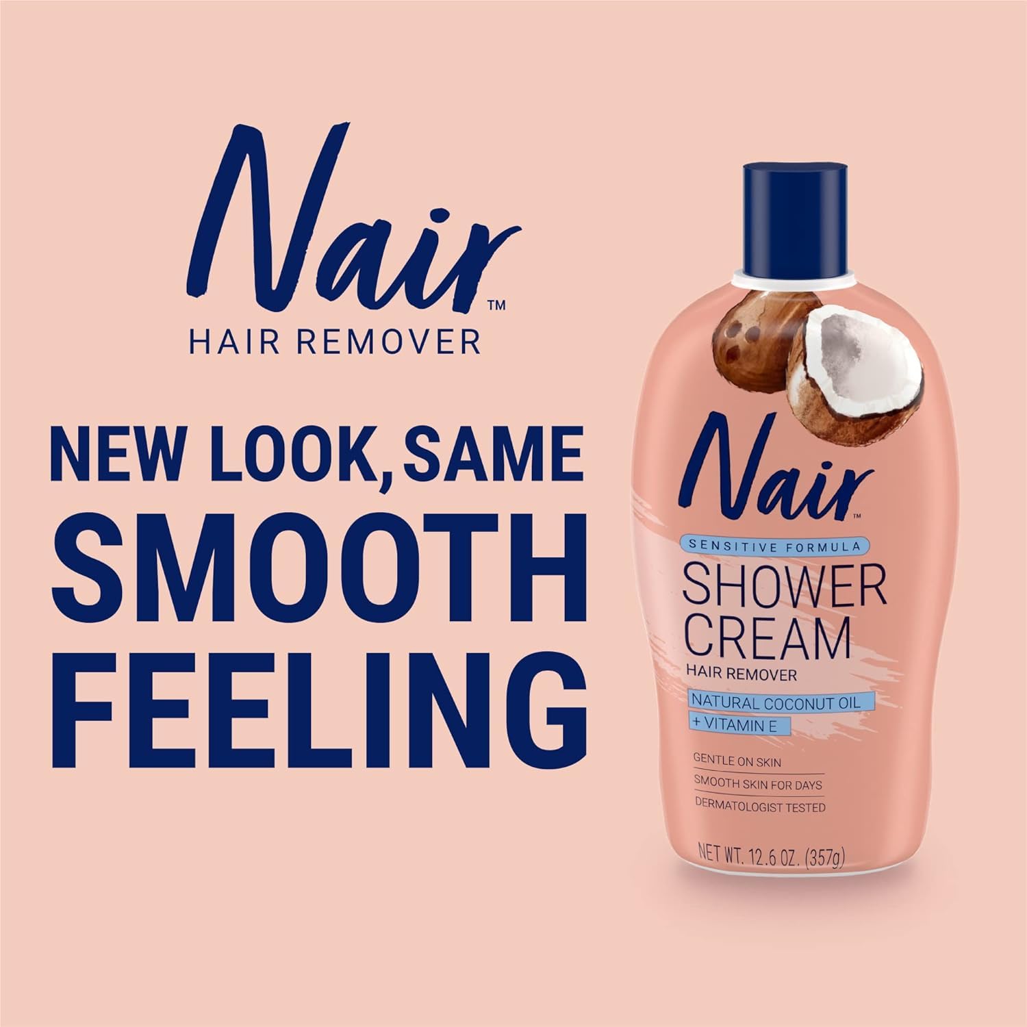 Nair Sensitive Formula Shower Cream Hair Remover with Coconut Oil & Vitamin E - 12.6oz (2 Pack) - Gentle Hair Removal for Legs, Arms & Bikini Area - Perfect for Sensitive Skin & Smooth Results