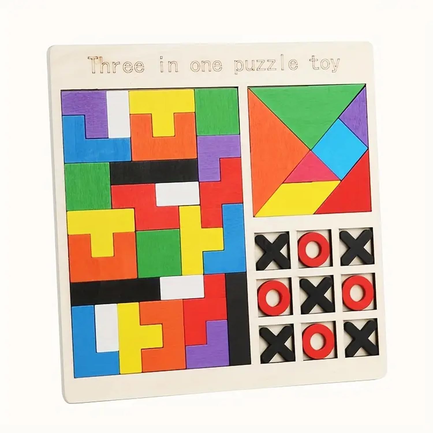 Dyomnizy Wooden Educational Tangram Puzzle Game for Kids - 3-in-1 Tic-Tac-Toe, Chess & Block Puzzle Set | Montessori Learning Toy for Preschoolers | Perfect for Classroom, Travel & Family Game Night
