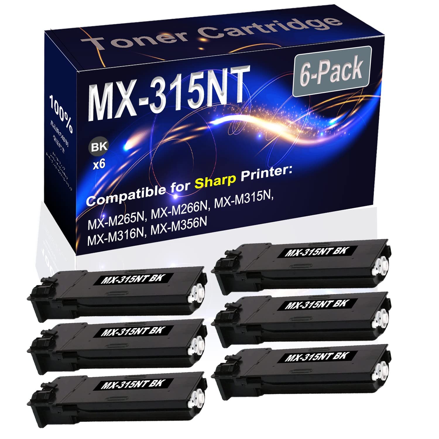 High Capacity 6-Pack Black Laser Printer Cartridge - Compatible with Sharp MX-M265N, MX-M266N, MX-M315N, MX-M316N, MX-M356N Printers - Replacement for MX-315NT MX315NT - Perfect for Office & Home Printing Needs