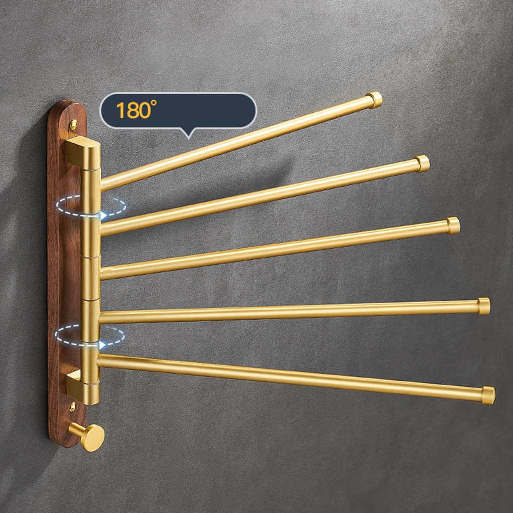 Premium Walnut Wood Swing-Out Towel Bar with Gold Finish - Modern Folding Arm Swivel Hanger for Bathroom & Kitchen Storage - Wall Mounted Towel Rack Organizer (5 Bars) - Perfect for Small Spaces & Spa-Style Bathrooms