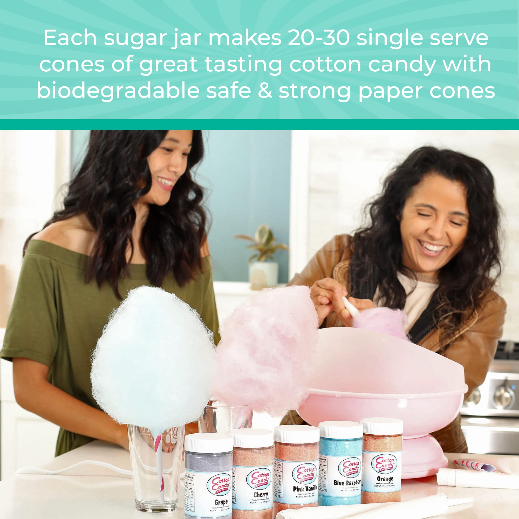 Cotton Candy Express Floss Sugar Variety Pack - 3 Flavors (Cherry, Blue Raspberry, Grape) 11oz Jars with CC1000-S Cotton Candy Machine - Perfect for Birthday Parties, Carnivals & Home Treats