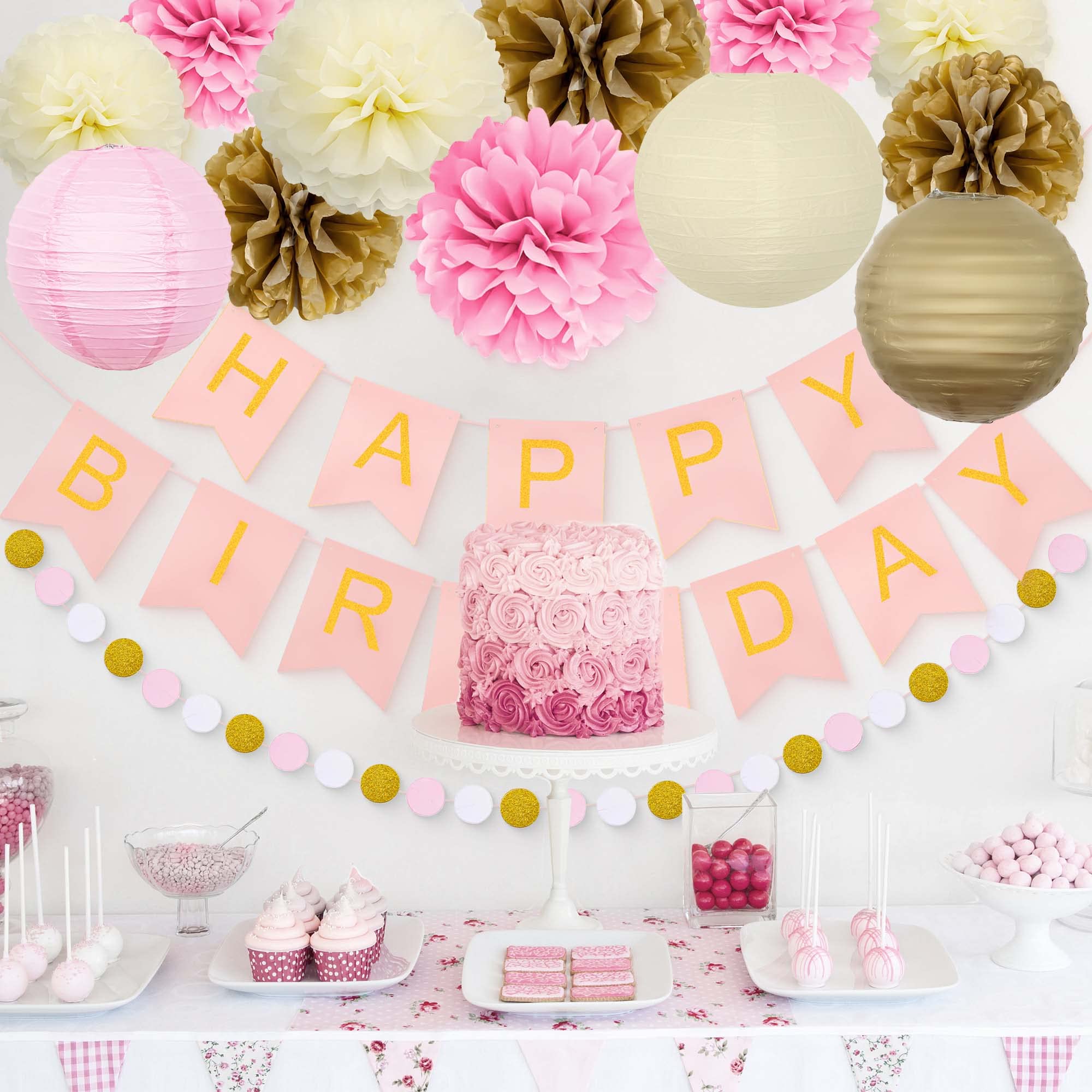 Meowtastic Pink & Gold Birthday Party Decorations Kit - Happy Birthday Banner, Tissue Pom Poms, Tassel Garland, Paper Lanterns & Circle Dot Garland - Perfect for Women & Girls Birthday Celebrations, Baby Showers & Bridal Showers