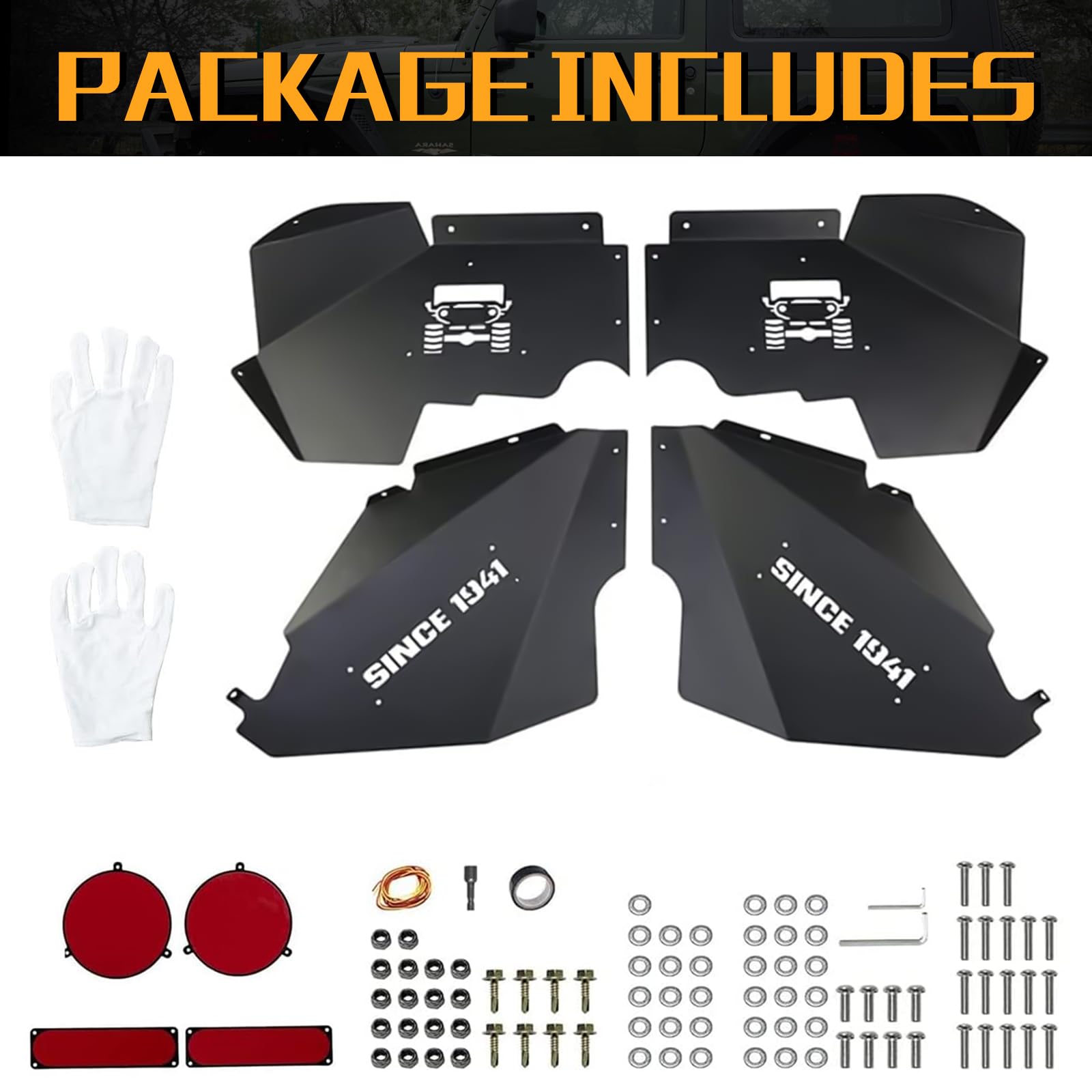 Jeep Wrangler Inner Fender Liners (2007-2018 JK JKU) - Aluminum Front & Rear Fender with 6 LED Lights | Compatible with Sport, Sahara, Rubicon 2/4 Door Models | Off-Road Protection & Enhanced Lighting for Night Adventures