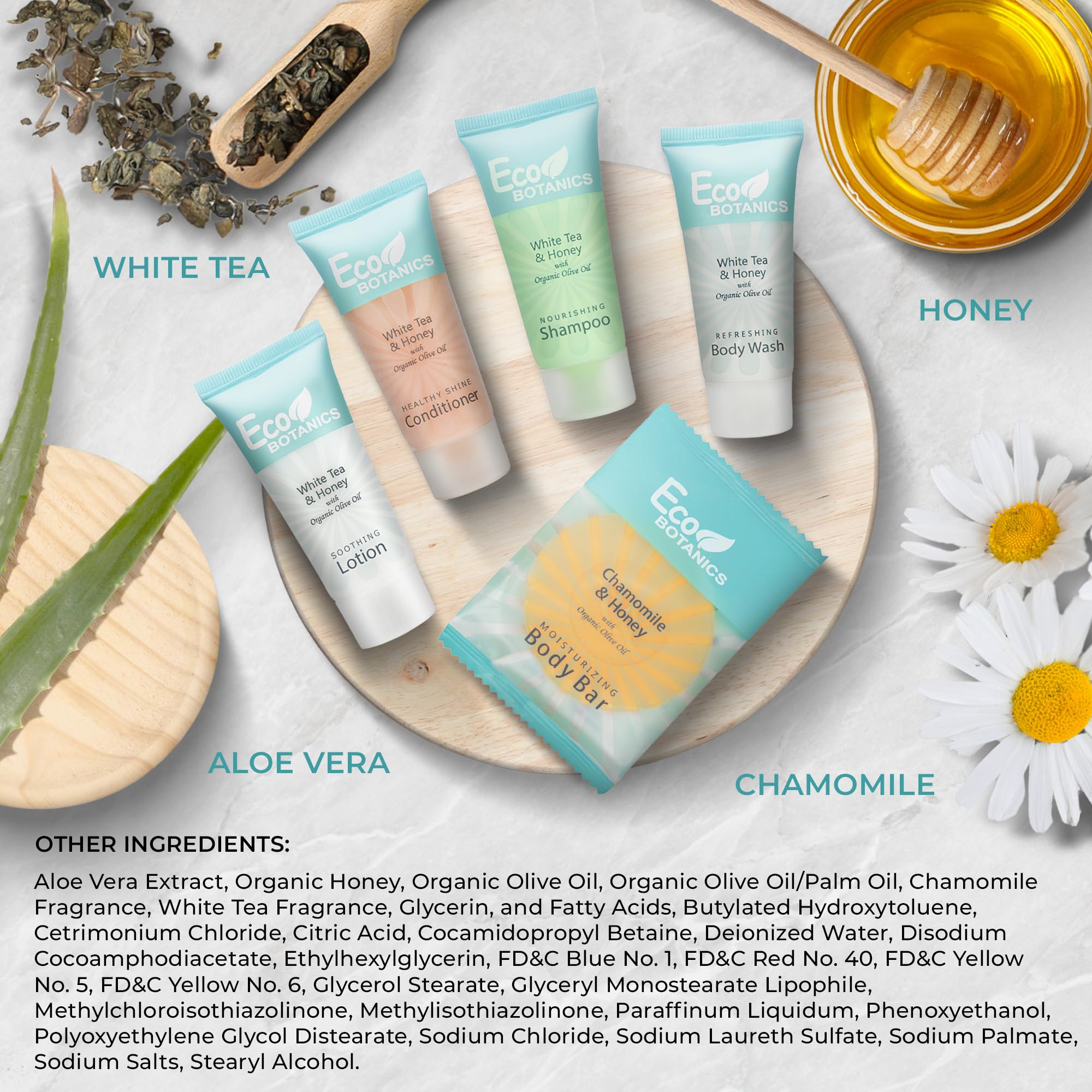 Eco Botanics Bulk Hotel Soap & Toiletries Set - 150 Piece Travel Size Amenities Kit with 0.85oz Shampoo, Conditioner, Body Wash, Lotion & 0.89oz Bar Soap - Perfect for Hotels, Spas, Airbnb & Travel Essentials