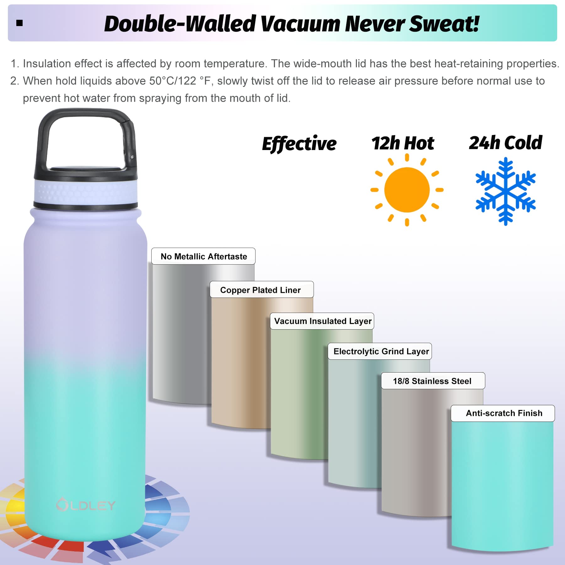 Oldley 20oz Insulated Stainless Steel Water Bottle with Straw - Double-Wall Vacuum Thermal Flask for Kids & Adults - School, Sports, Gym, Hiking, Travel - Purple & Green