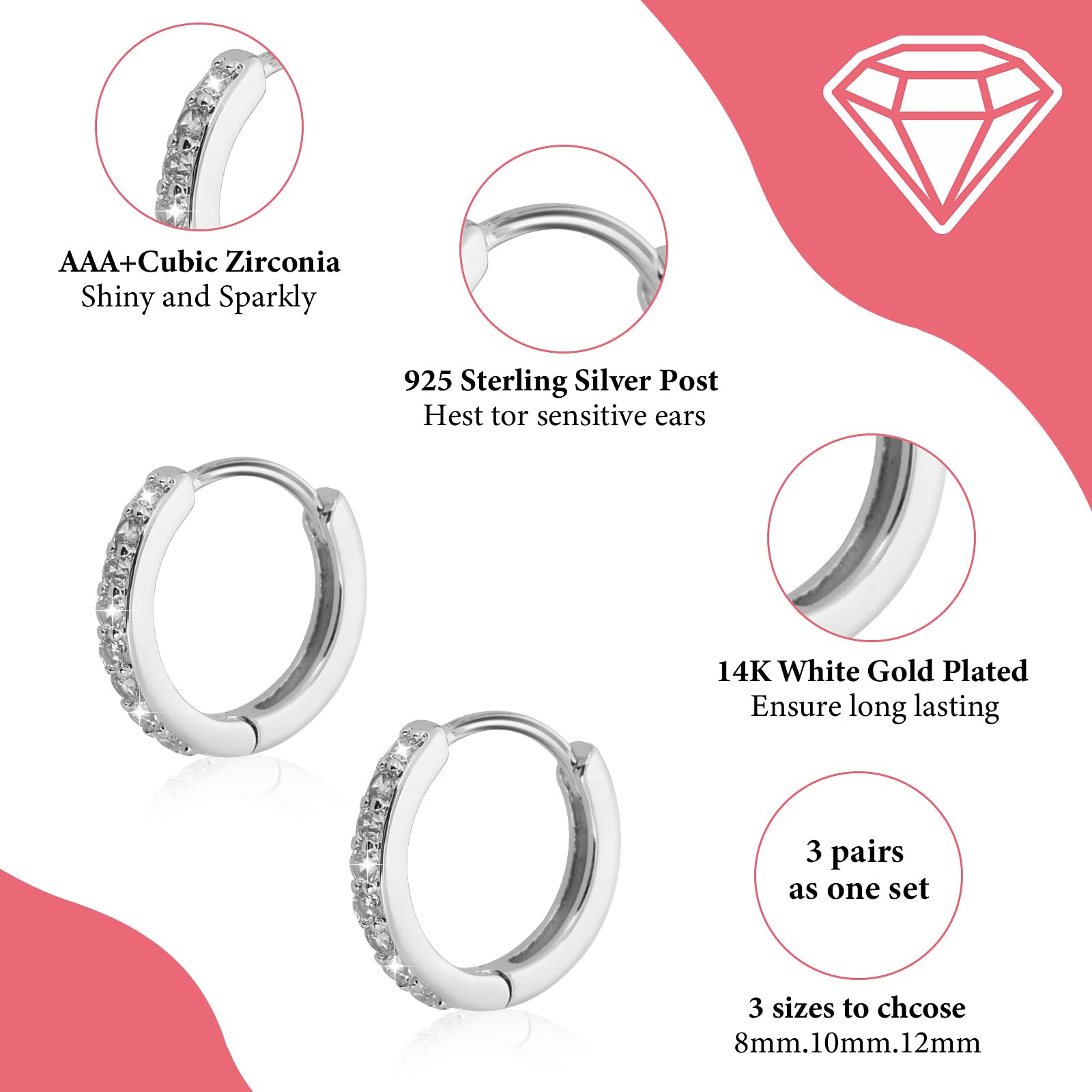Lusofie 3 Pairs Small Silver Hoop Earrings with Rhinestones - 8mm 10mm 12mm Sterling Silver Hoops for Women, Girls & Men - Perfect for Everyday Wear, Parties & Gifts