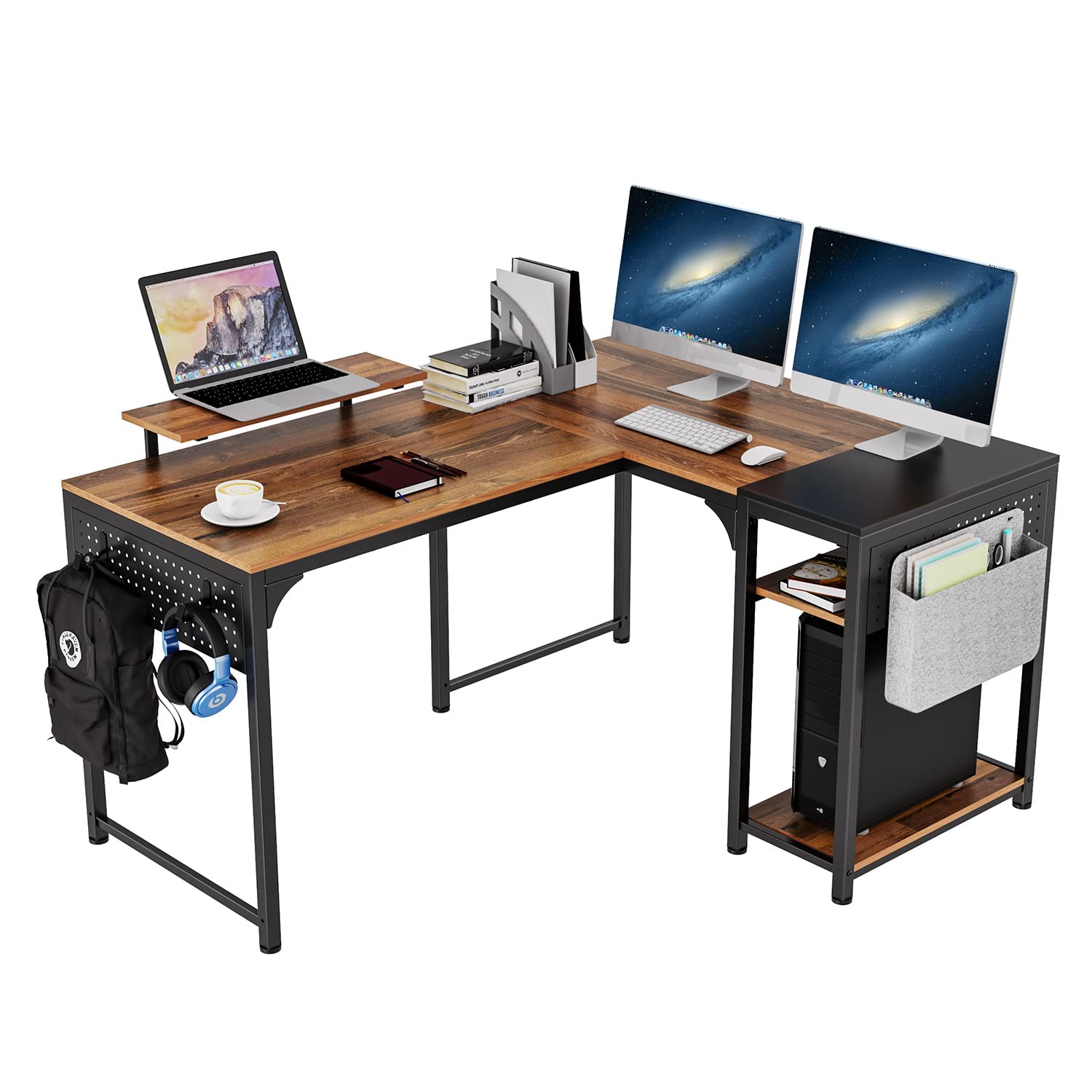 Reversible L-Shaped Desk with Monitor Stand - 58x47 Inch Corner Computer Desk, Study Writing Table with Storage Shelves for Home Office - Rustic Brown/Black - Perfect for Small Spaces & Gaming Setups
