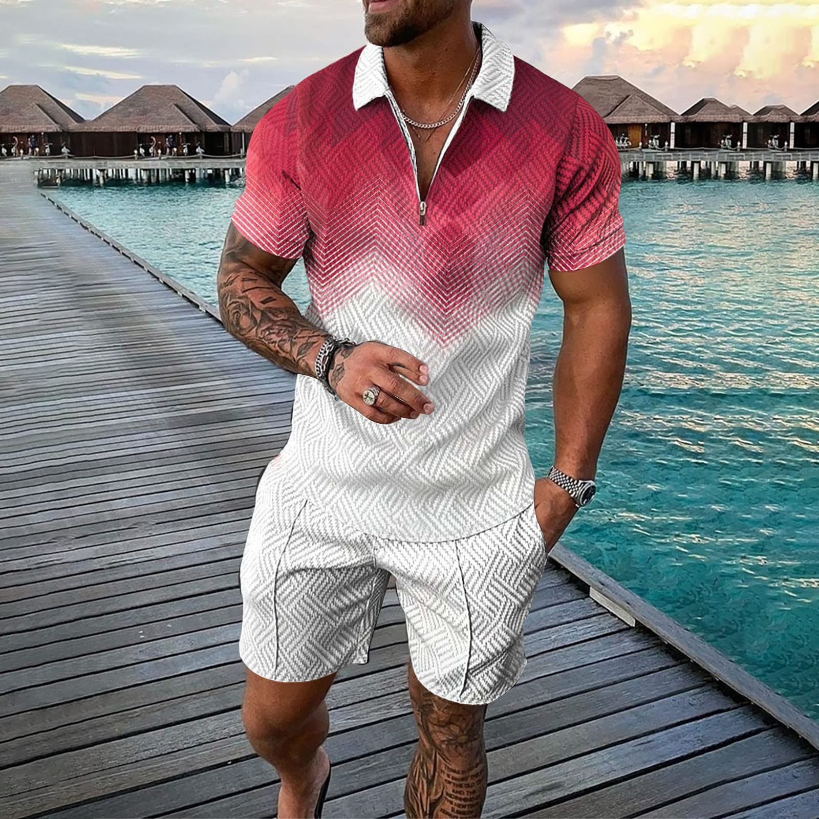 STRY Men's Gym Wear Set - Printed Short Sleeve Zip Shirt & Sweatpants for Workout, Running & Streetwear | Summer Sportswear for Casual & Athletic Style