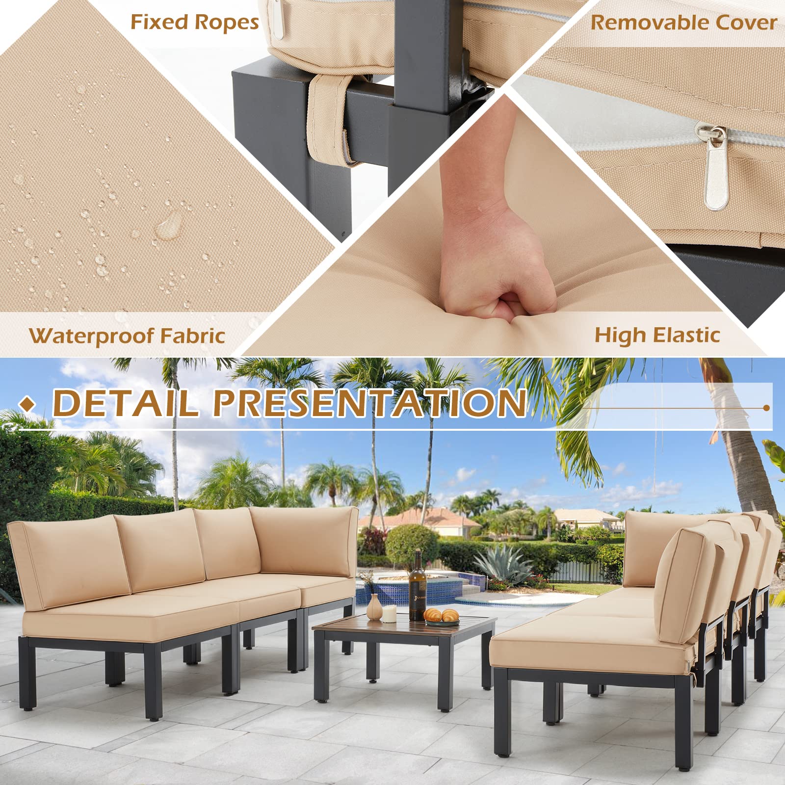 AECOJOY Outdoor Patio Furniture Set - 5-Piece Metal Sectional Conversation Sofa with Beige Cushions, Black Wrought Iron Garden Furniture for Backyard, Poolside & Deck Relaxation