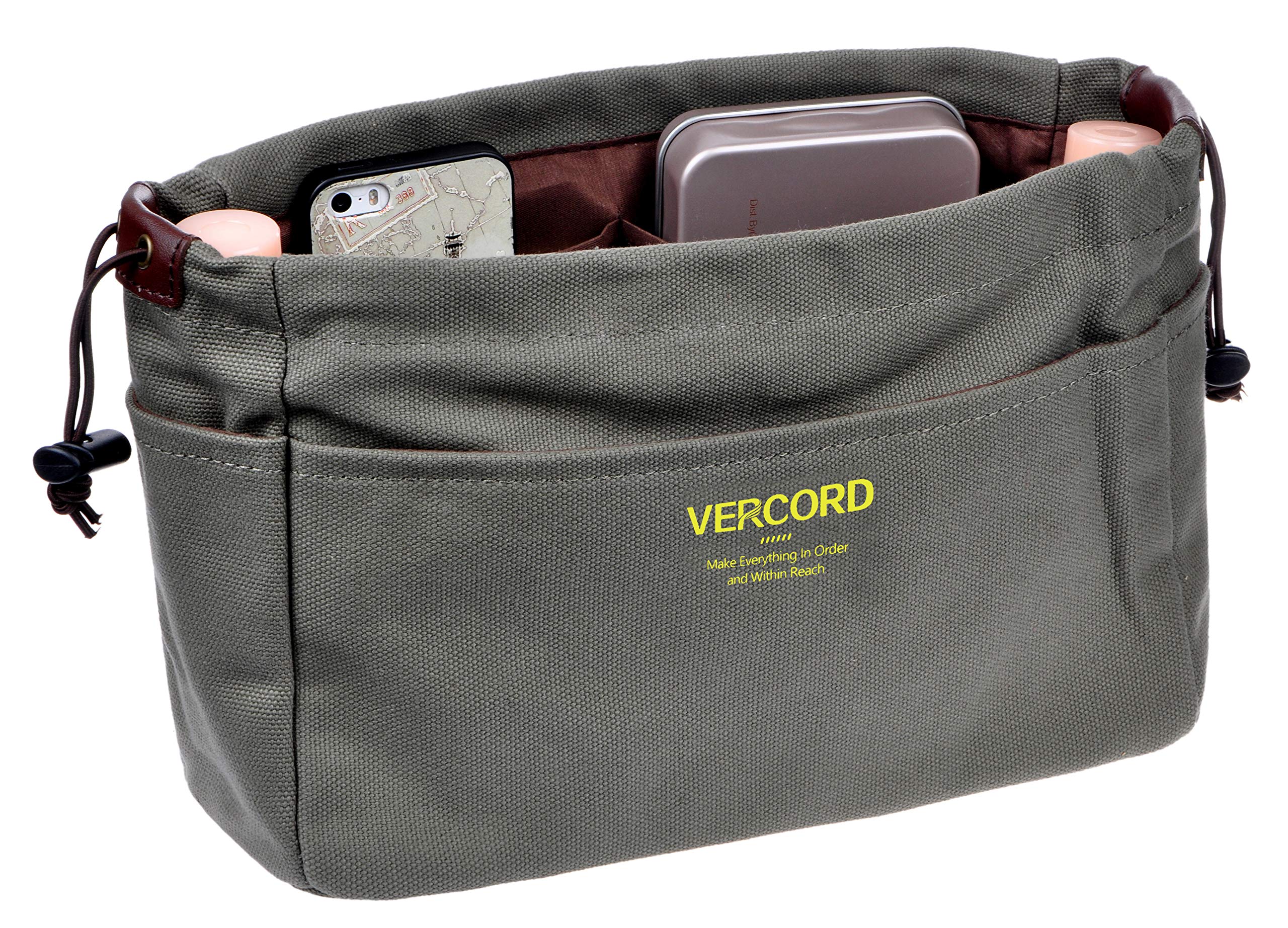 Vercord Canvas Handbag Organizers - Sturdy Purse Insert Organizer with 10 Pockets (Army Green, Small) | Perfect for Travel, Work & Daily Use to Keep Essentials Organized