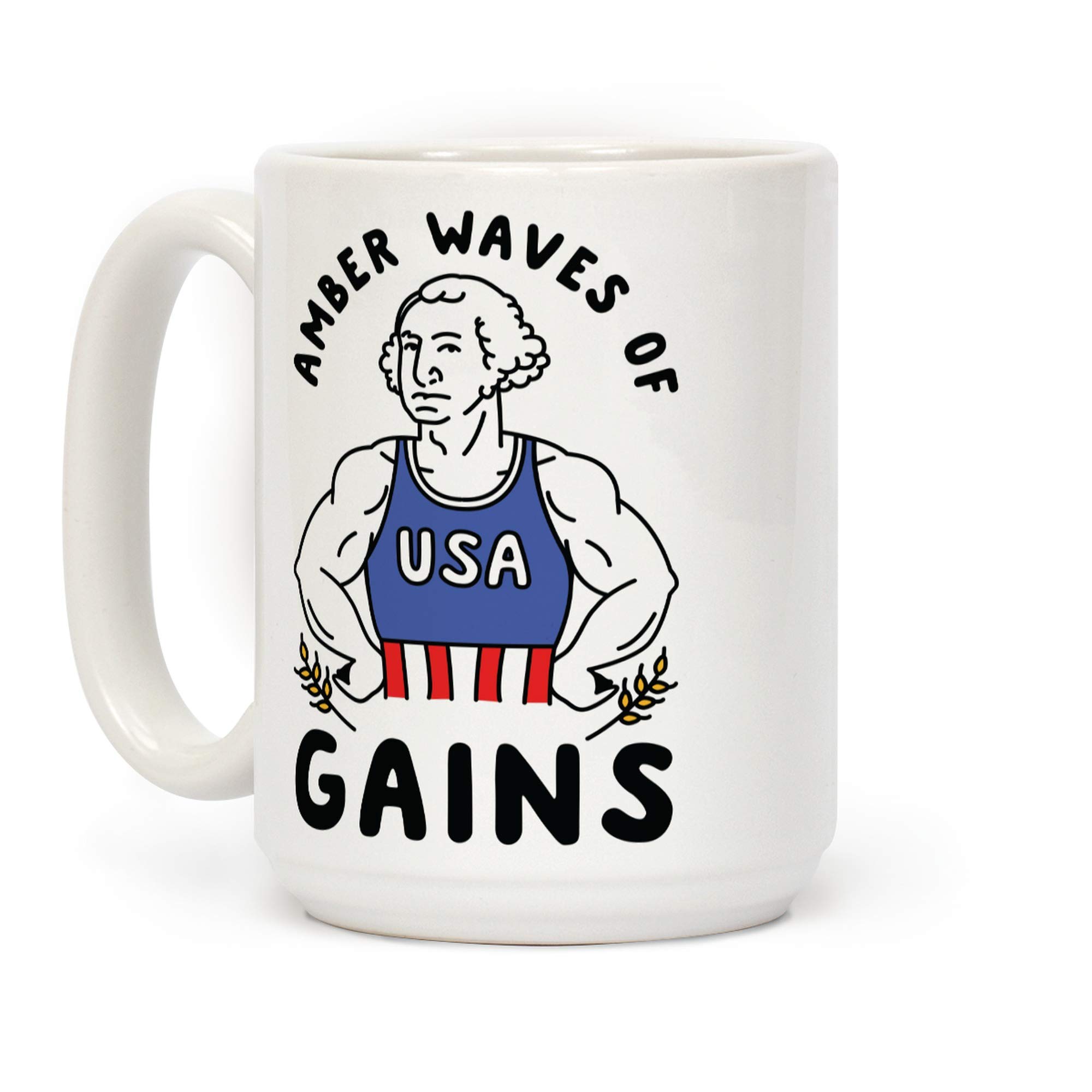 LookHUMAN Amber Waves Of Gains White 15oz Ceramic Coffee Mug - Funny Gym Workout Motivational Cup for Coffee Lovers & Fitness Enthusiasts