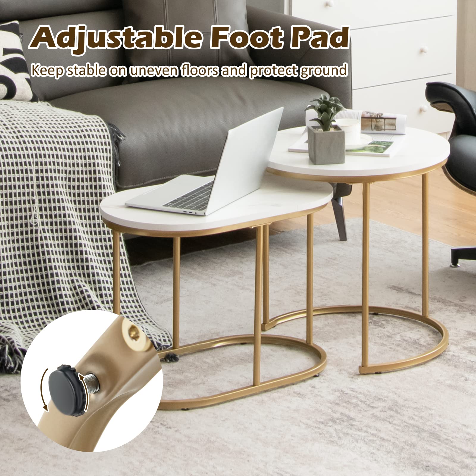 Giantex Modern Nesting Coffee Table Set of 2 - Gold Steel Frame & Marble-Look Top, Easy Assembly Accent Tables for Living Room, Bedroom, Apartment - Perfect for Small Spaces & Stylish Home Decor