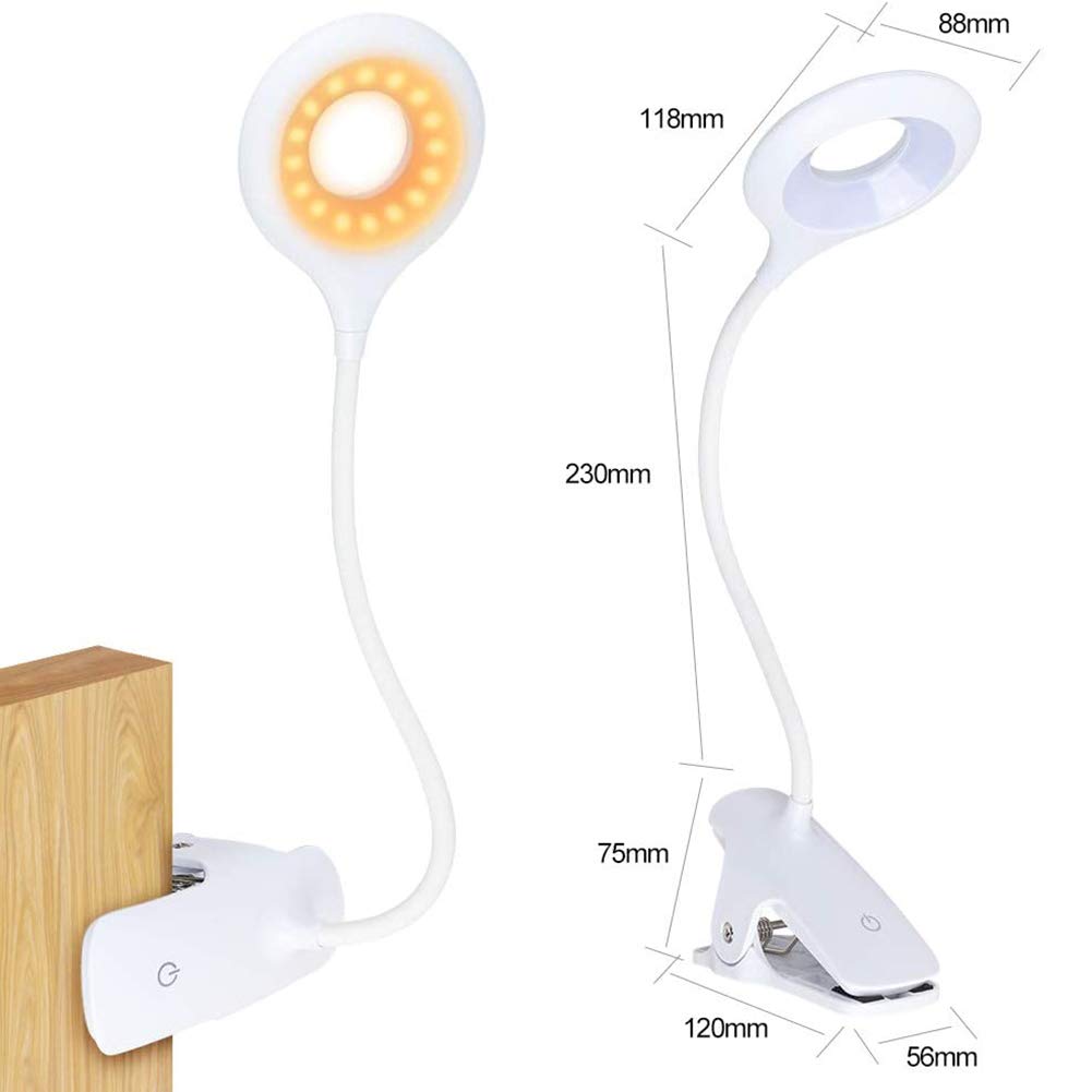 Rechargeable 16 LED Clip On Reading Light - Adjustable Amber Desk Lamp with 5 Brightness Levels & Touch Control | Dimmable Book Light for Bed Headboard, Nightstand & Gentle Night Reading (Perfect for Bedtime Stories, Studying & Cozy Reading)