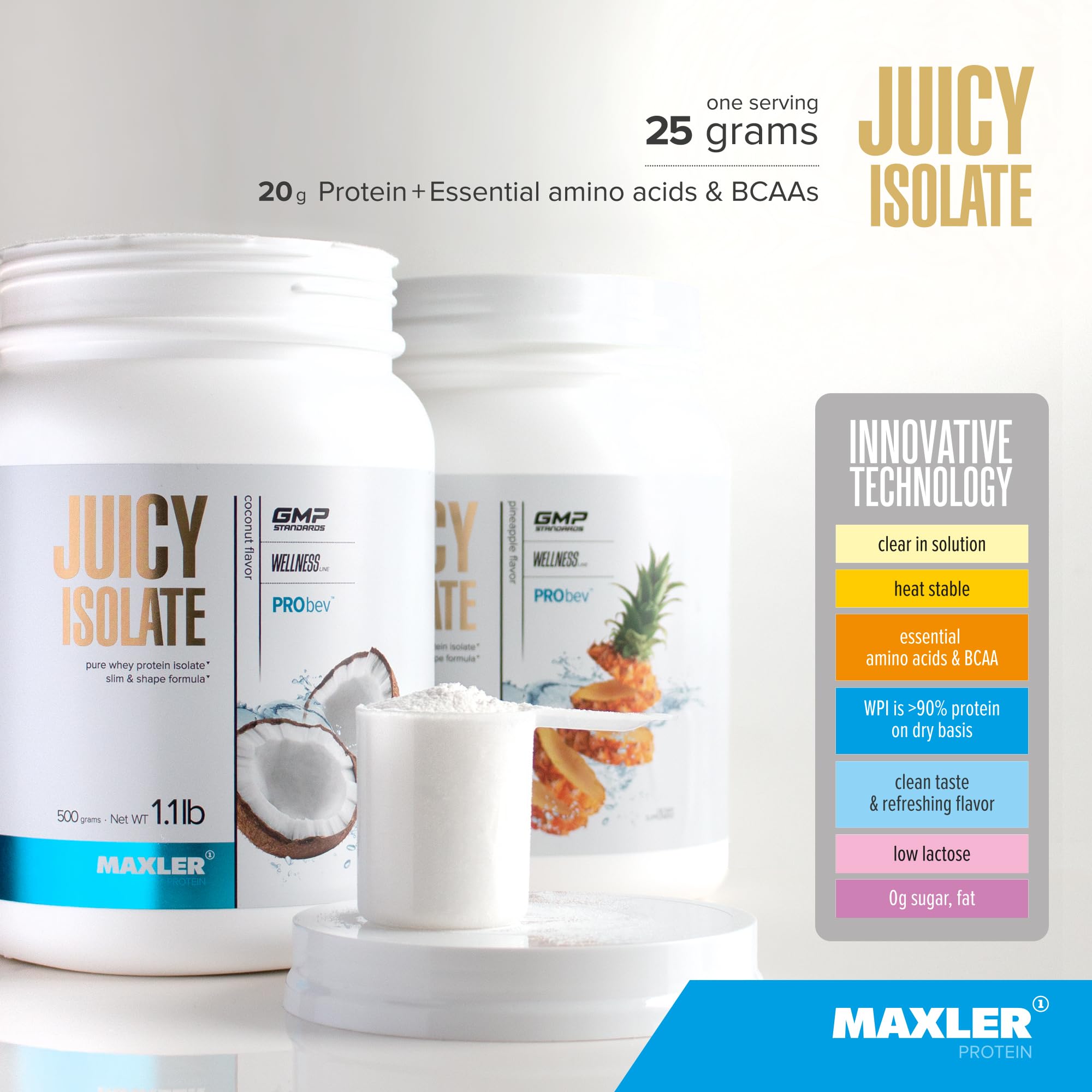 Maxler Juicy Isolate Whey Protein Powder - Low Lactose, Fat Free, Sugar Free Muscle Recovery Drink for Pre & Post Workout - 90% Protein per Serving - Coconut Flavor 1.1 lb (20 Servings) - Perfect for Gym, Fitness & Bodybuilding Recovery
