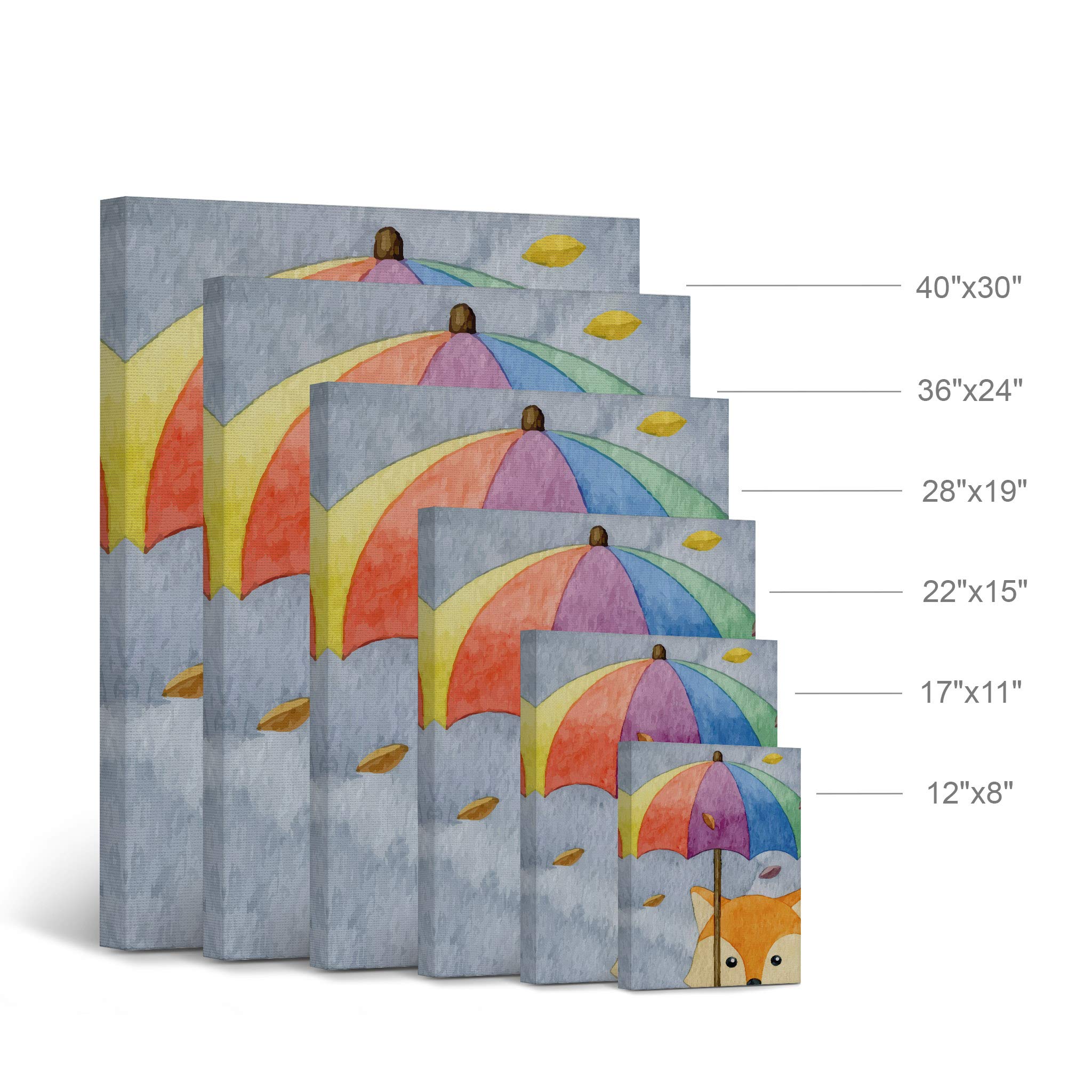 2-Piece Cute Fox & Rabbit Umbrella Painting Canvas Print Set - Autumn Gray Background - Kids Room Wall Art Decor for Baby Boy & Girl - Ready to Hang - Made in USA (22x15 inches) - Perfect for Nursery, Bedroom, Playroom & Gift Giving