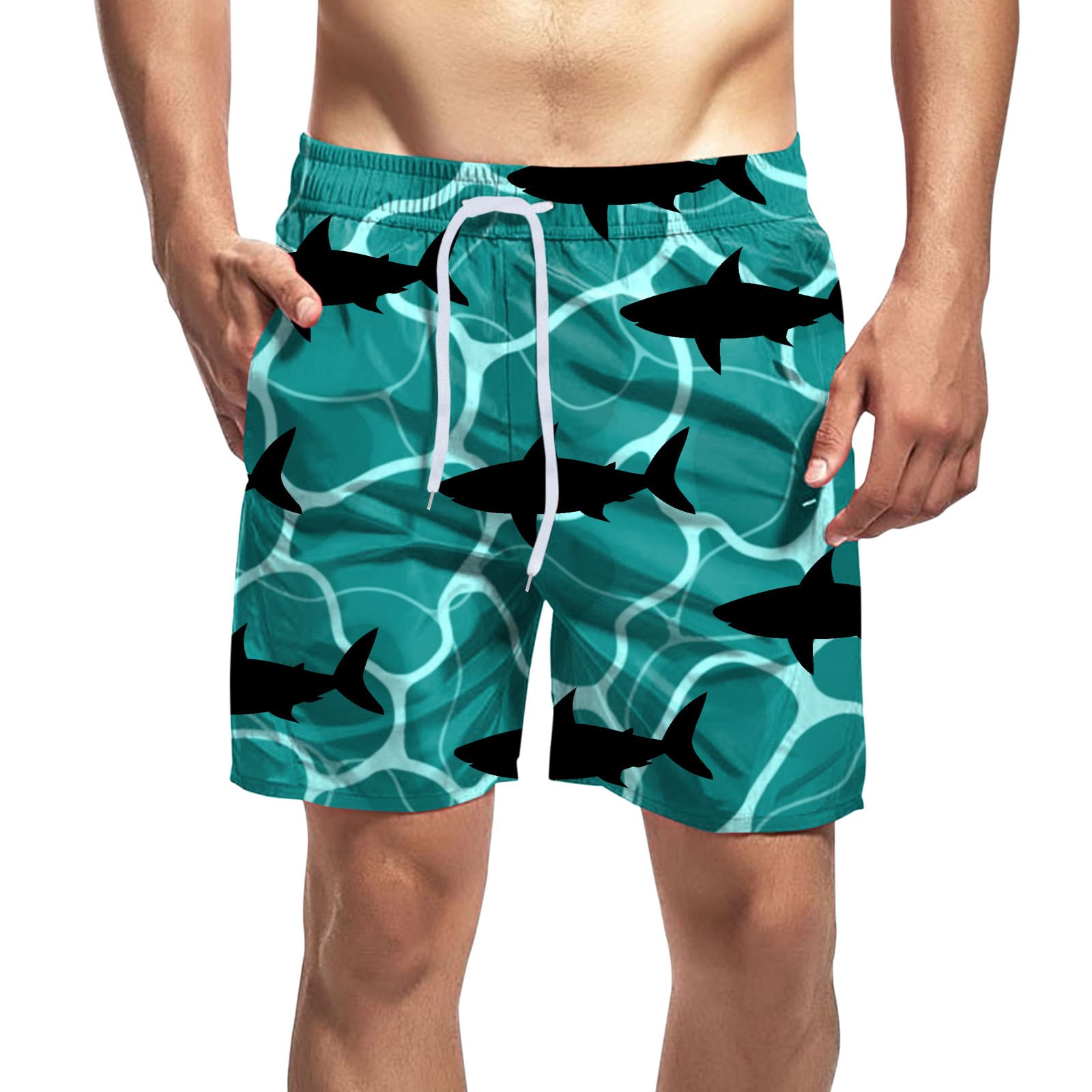 **Men's Shark Printed Swim Trunks - Quick-Dry 5-Inch Swim Shorts for Beach, Pool & Summer Vacation**