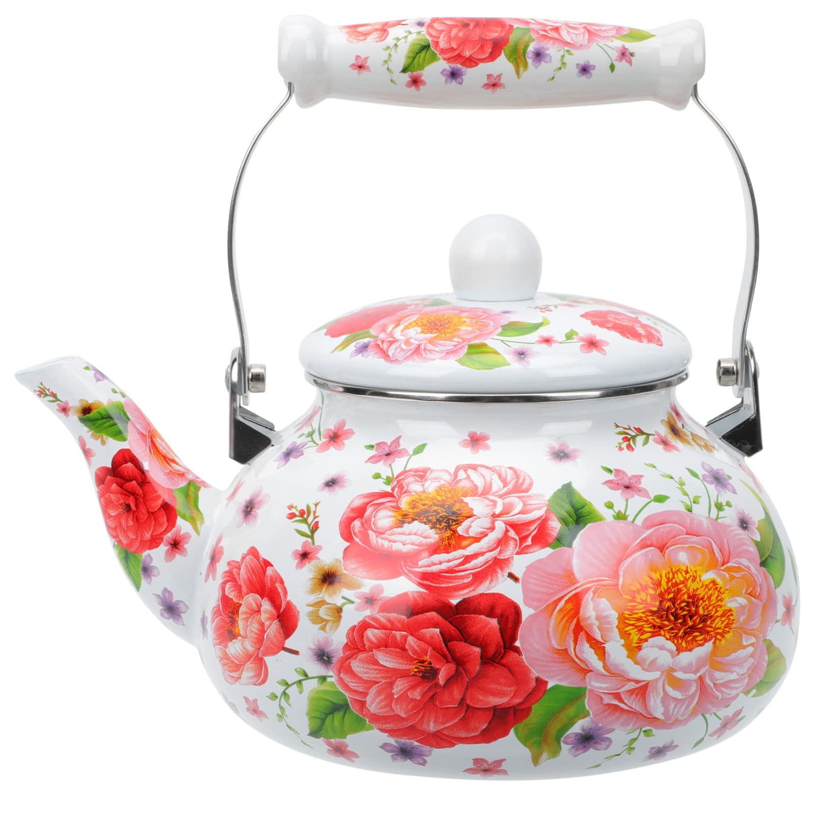 2.5L Floral Enamel Tea Kettle - Vintage European Style Coffee & Milk Pot for Gas & Induction Stoves - Perfect for Boiling Water, Brewing Tea, and Serving in Kitchens, Cafes, and Home Decor