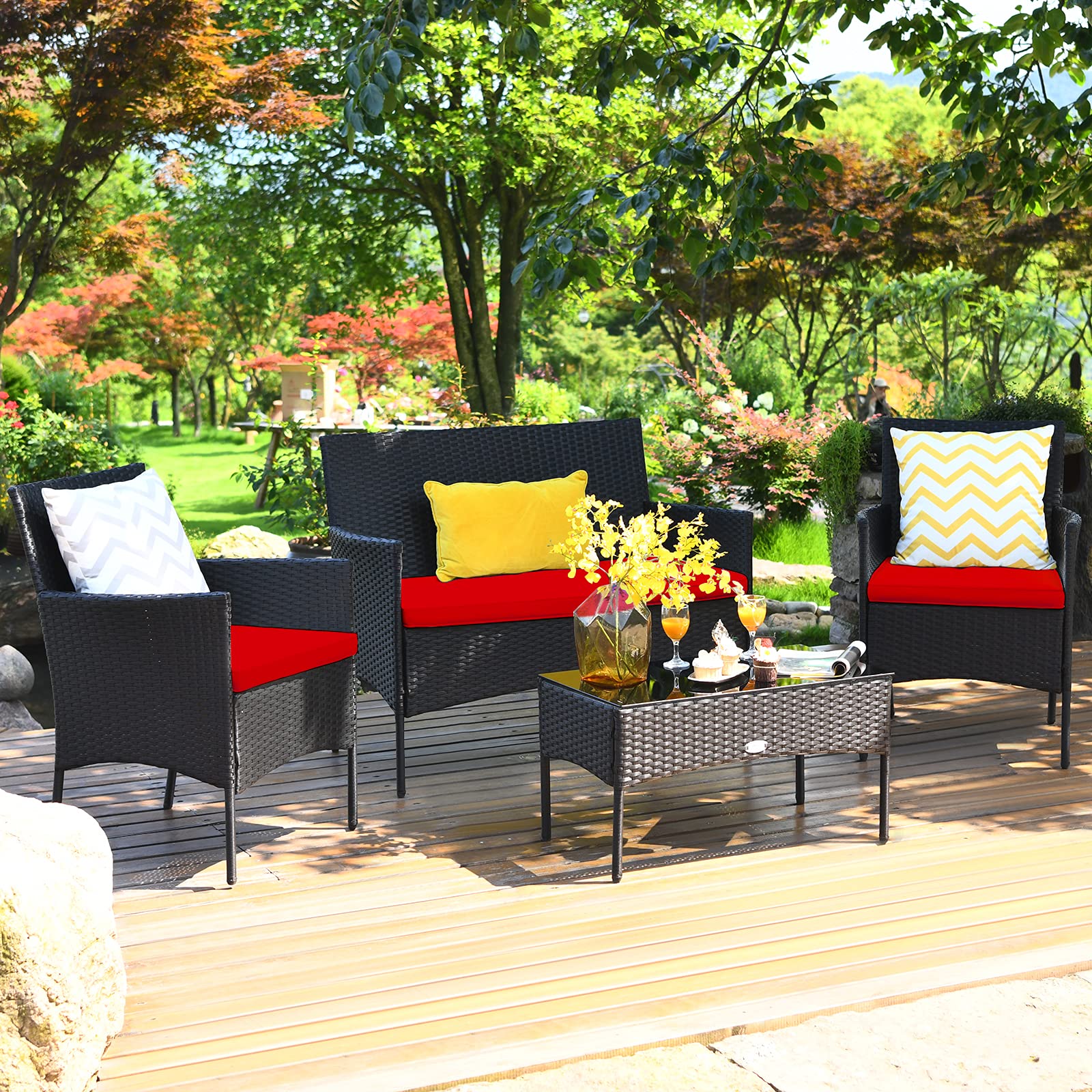 Tangkula 4-Piece Outdoor Patio Furniture Set - Wicker Rattan Loveseat & Chairs with Cushions & Tempered Glass Coffee Table - Durable Conversation Set for Backyard, Garden, Poolside, Porch & Deck (Red)
