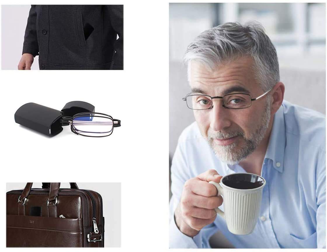 REAVEE Blue Light Blocking Reading Glasses for Men & Women - Foldable Computer Readers with Spring Hinge & Portable Case - Perfect for Office Work, Screen Time & Travel