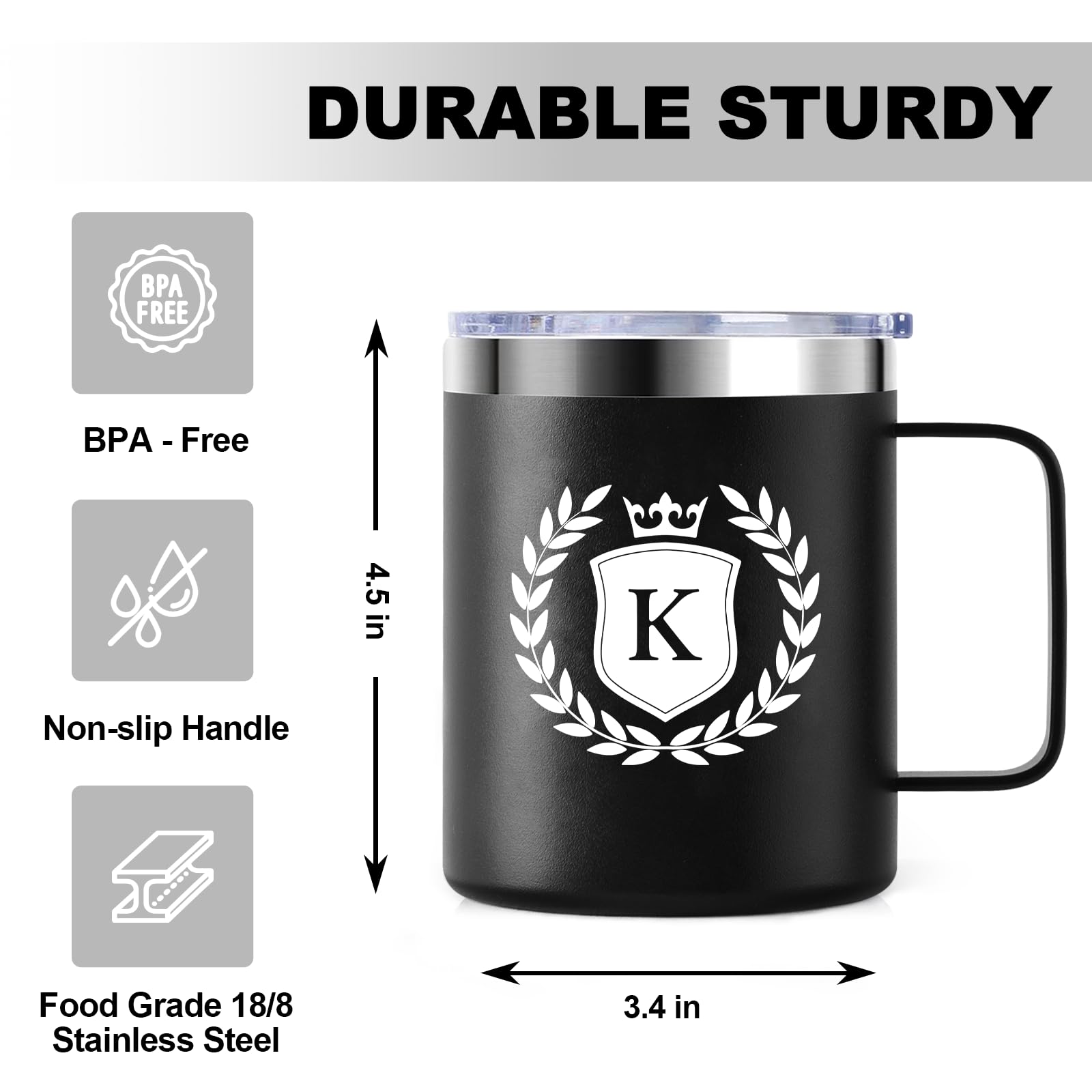**Personalized Coffee Mug with Initial K - Custom Monogrammed Gifts for Men & Women - 12oz Insulated Travel Mug with Lid - Perfect for Christmas, Birthday, Anniversary & Romantic Gifts - Ideal for Office, Home & Travel Use**