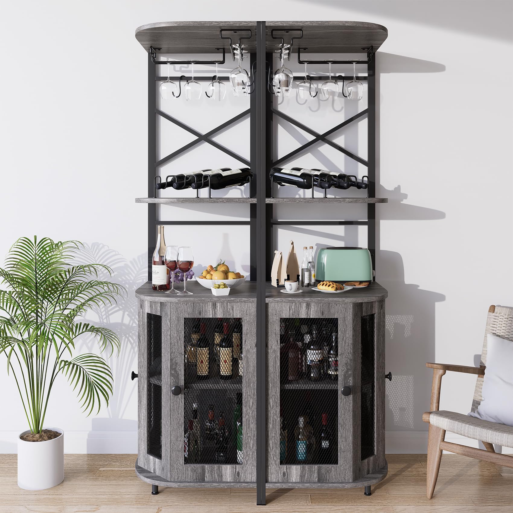 Modern Grey Corner Bar Cabinet with Wine Rack, Glass Holder & Adjustable Shelves - Mesh Door Liquor Storage Cabinet for Home Bar, Dining Room or Entertainment Area
