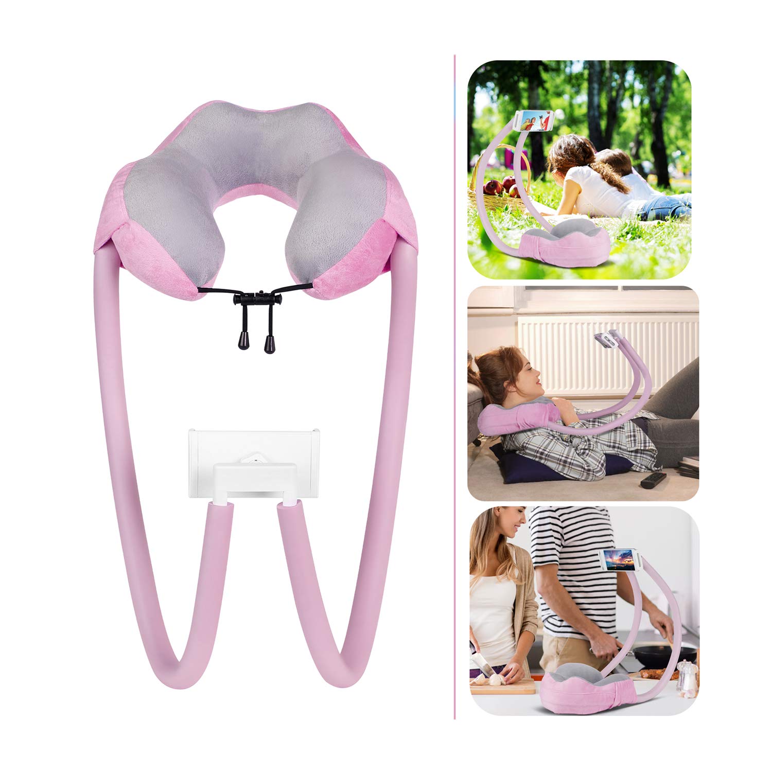 AIMI Neck Pillow Phone Holder - Adjustable & Ergonomic Stand for Smartphones & Tablets - Perfect for Home, Travel, Office & Outdoor Use (Pink) - Watch Videos Hands-Free in Bed, Plane & Commute