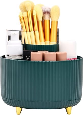 FreshDcart Stylish 5-Slot Rotary Makeup Organizer with Round Tray & Brush Holder - Dark Green Cosmetic Storage for Office Desk, Vanity, Bathroom | Perfect for Makeup Brushes, Lipsticks, Eyeliners & Beauty Tools Organization