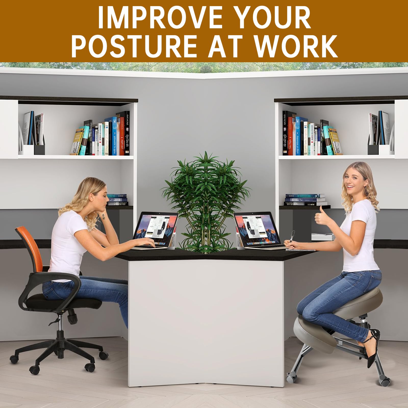PU Leather Ergonomic Kneeling Office Chair - Adjustable Home & Office Stool with Thick Pads & Lockable Wheels for Back Pain Relief (Brown) | Perfect for Home Office, Meditation & Posture Correction