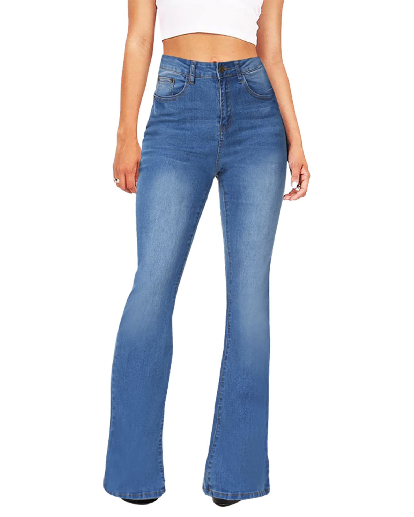 BISUAL Women's High Rise Wide Leg Flare Jeans - Stretch Denim Slimming Bell Bottom Pants for Casual Wear & Night Out