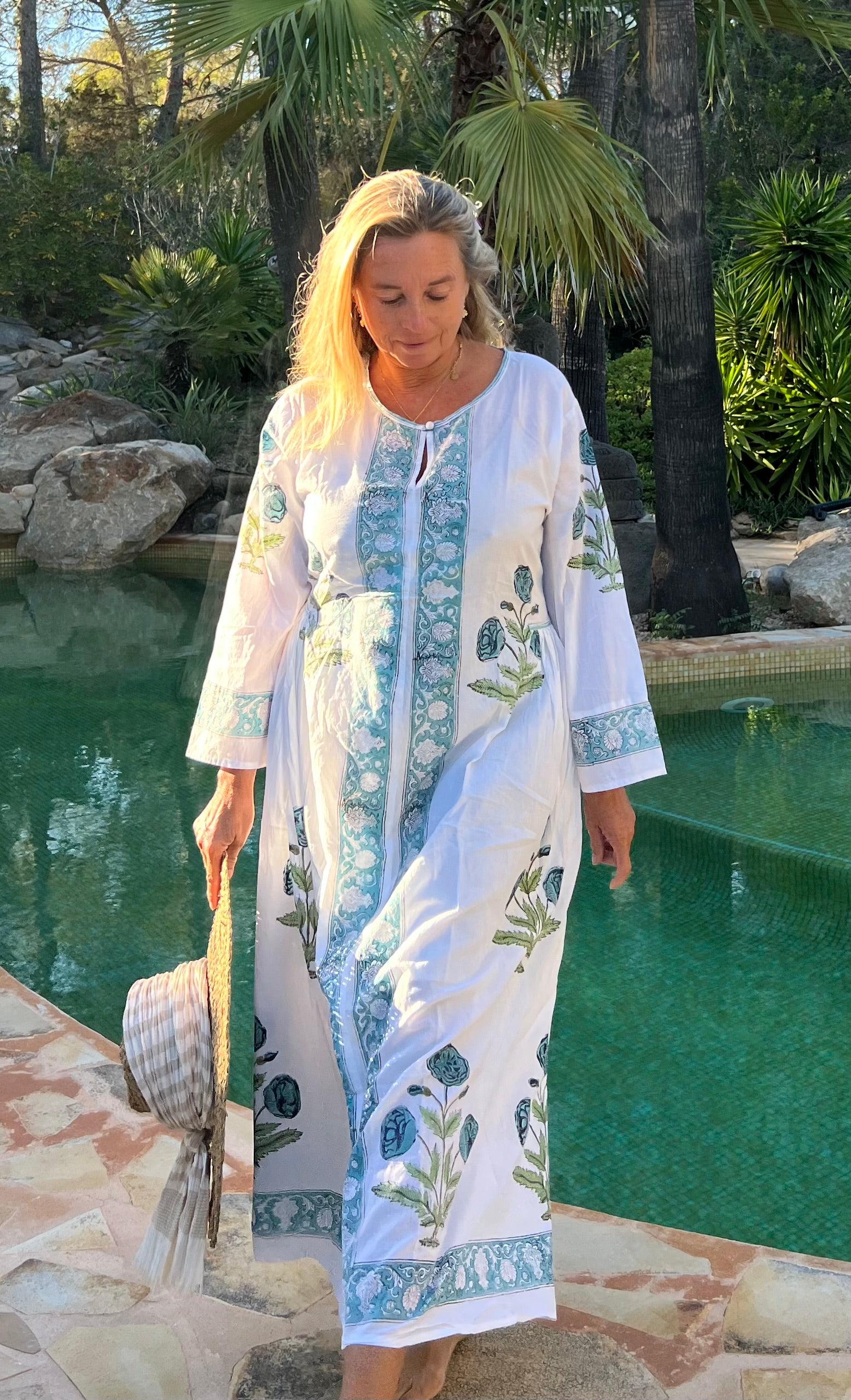 Exquisite Mughal Dress with Turquoise Roses Block Print - Perfect for Festivals, Weddings & Cultural Events