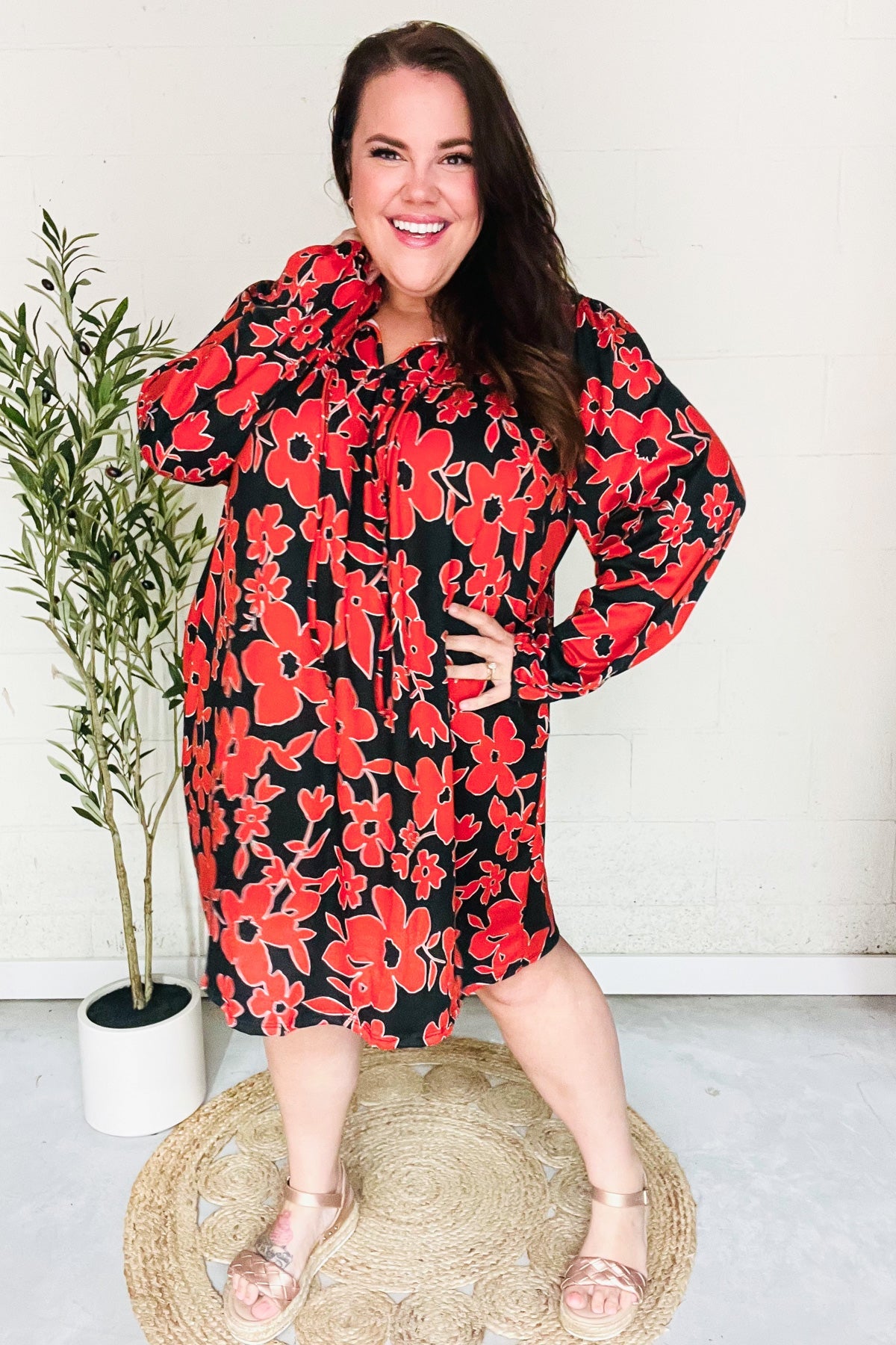 Boldly You Rust & Black Floral Print Front Tie Dress - Elegant Women's Midi Dress for Parties, Dates & Special Occasions