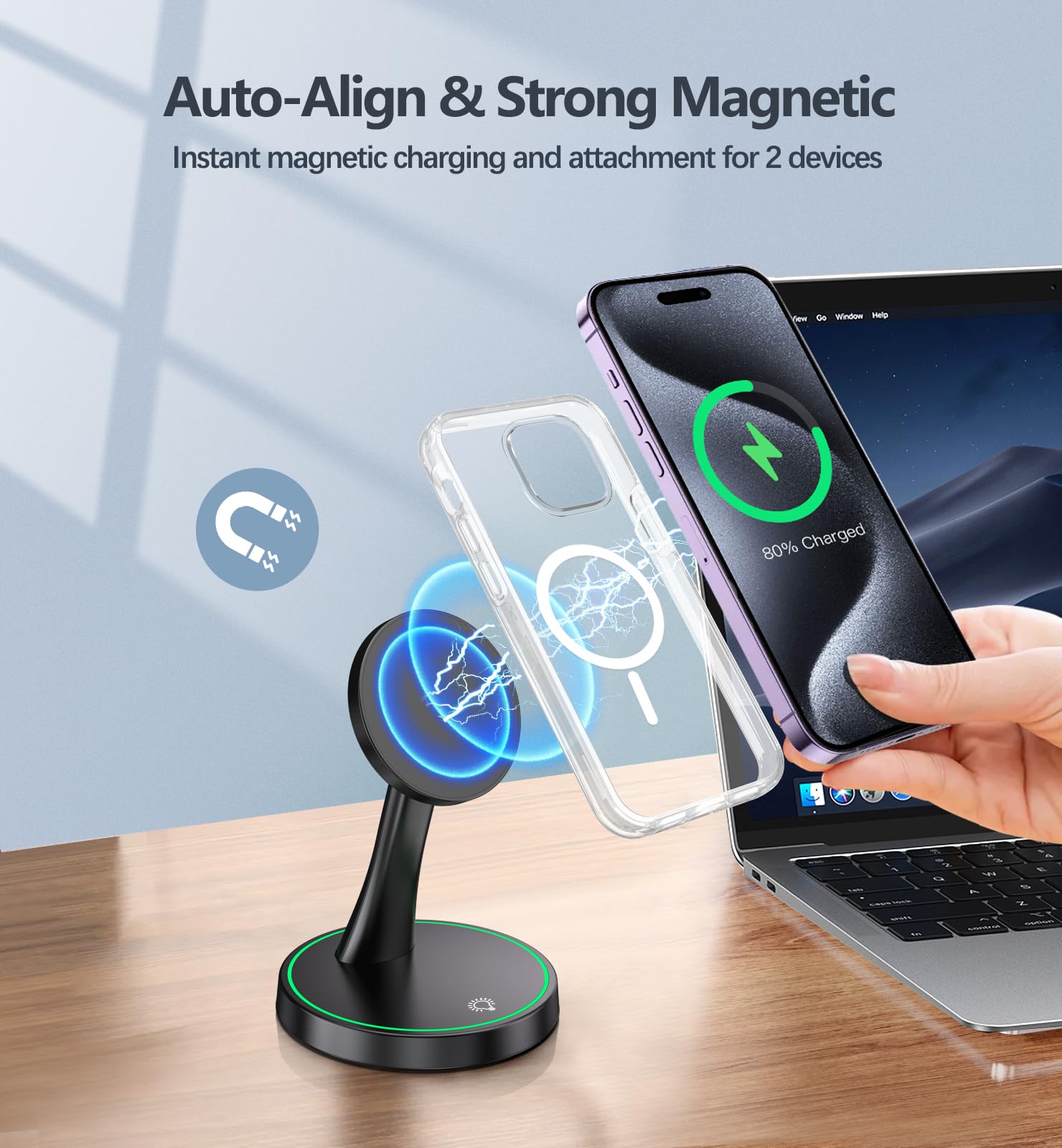 15W Fast Magnetic Wireless Charger Stand - Mag-Safe Compatible for iPhone 16/16 Pro/16 Plus/16 Pro Max/15/14/13/12 Series & AirPods - Sleep-Friendly Night Light - Perfect for Bedside, Office Desk & Travel Charging