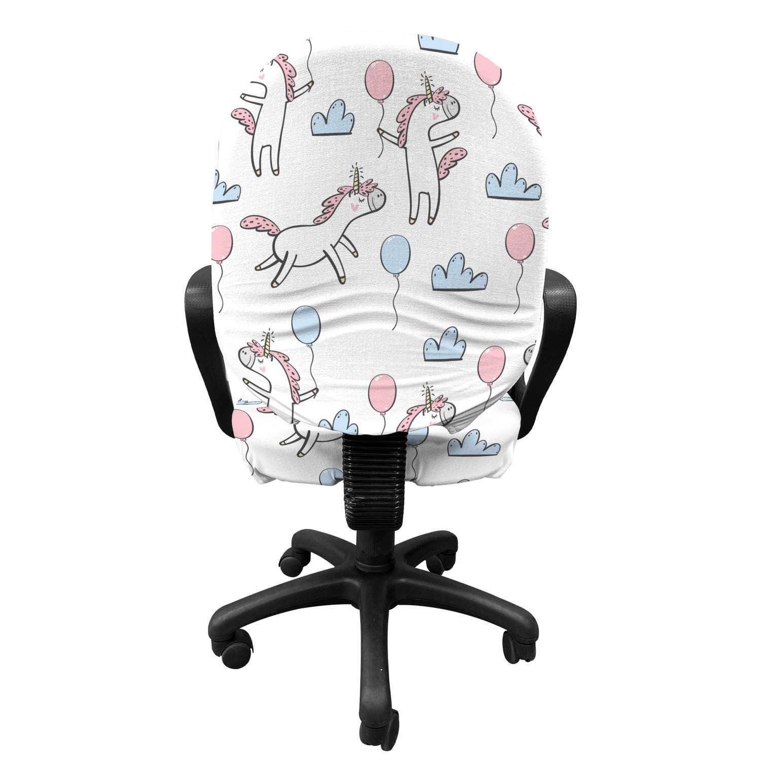 Ambesonne Cartoon Office Chair Slipcover - Stretch Fabric Cover with Clouds, Balloons & Unicorns Party Theme - Standard Size in Pale Pink & Blue - Perfect for Kids' Rooms, Birthday Parties & Themed Offices