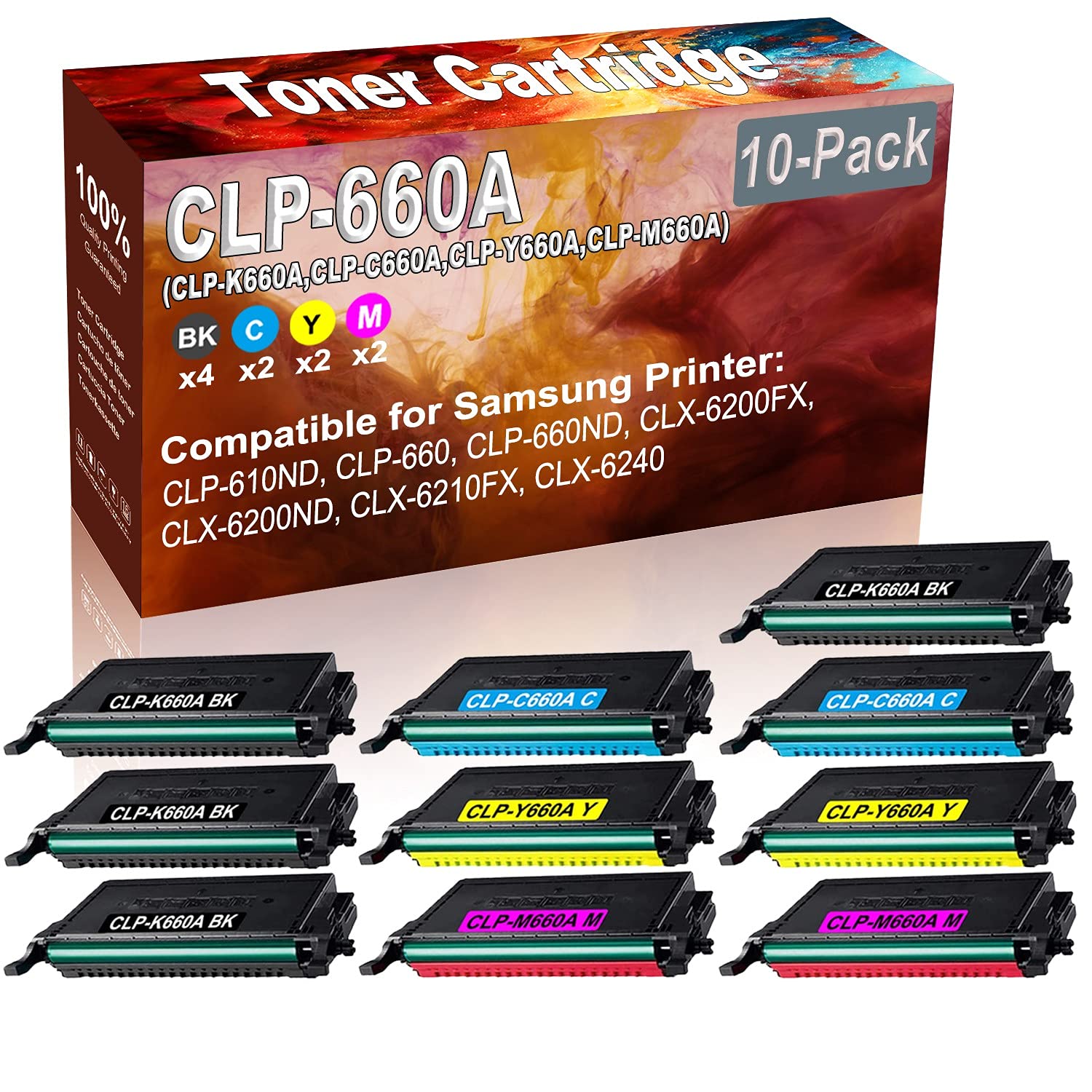 10-Pack (4BK+2C+2Y+2M) High-Capacity Compatible Toner Cartridge for Samsung CLP-660ND/CLX-6200FX Printers - Replacement for CLP-K660A/CLP-C660A/CLP-Y660A/CLP-M660A - Perfect for Office & Home Printing Needs