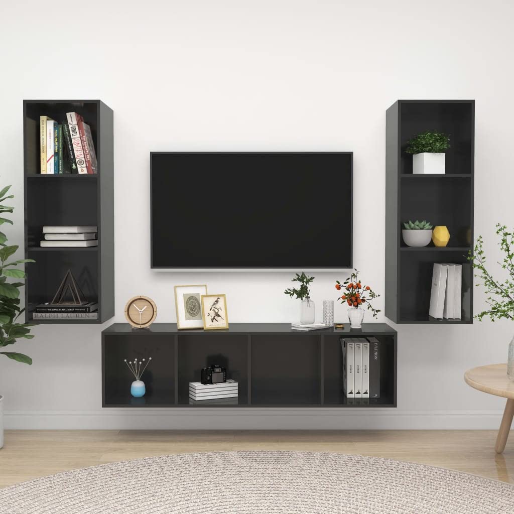 3 Piece Modern Entertainment Center Media Cabinet - High Gloss Gray Chipboard TV Stand for Living Room, Bedroom & Office - Perfect for Organizing TV, Gaming Consoles & Media Accessories