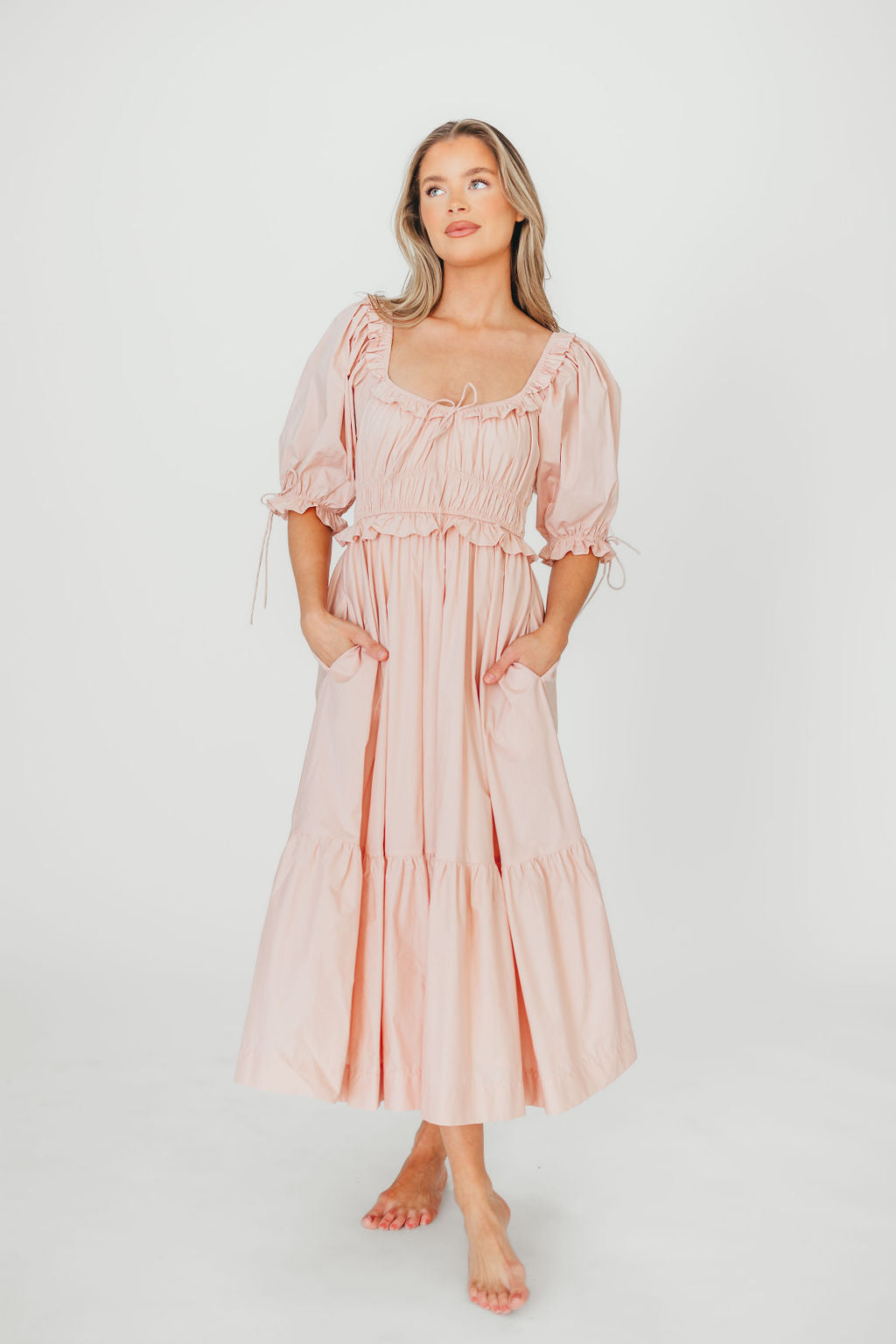 Crissy Ruched Midi Dress - 100% Cotton Bump Friendly Maternity Dress in Dusty Pink | Perfect for Baby Showers, Maternity Photos & Everyday Comfort